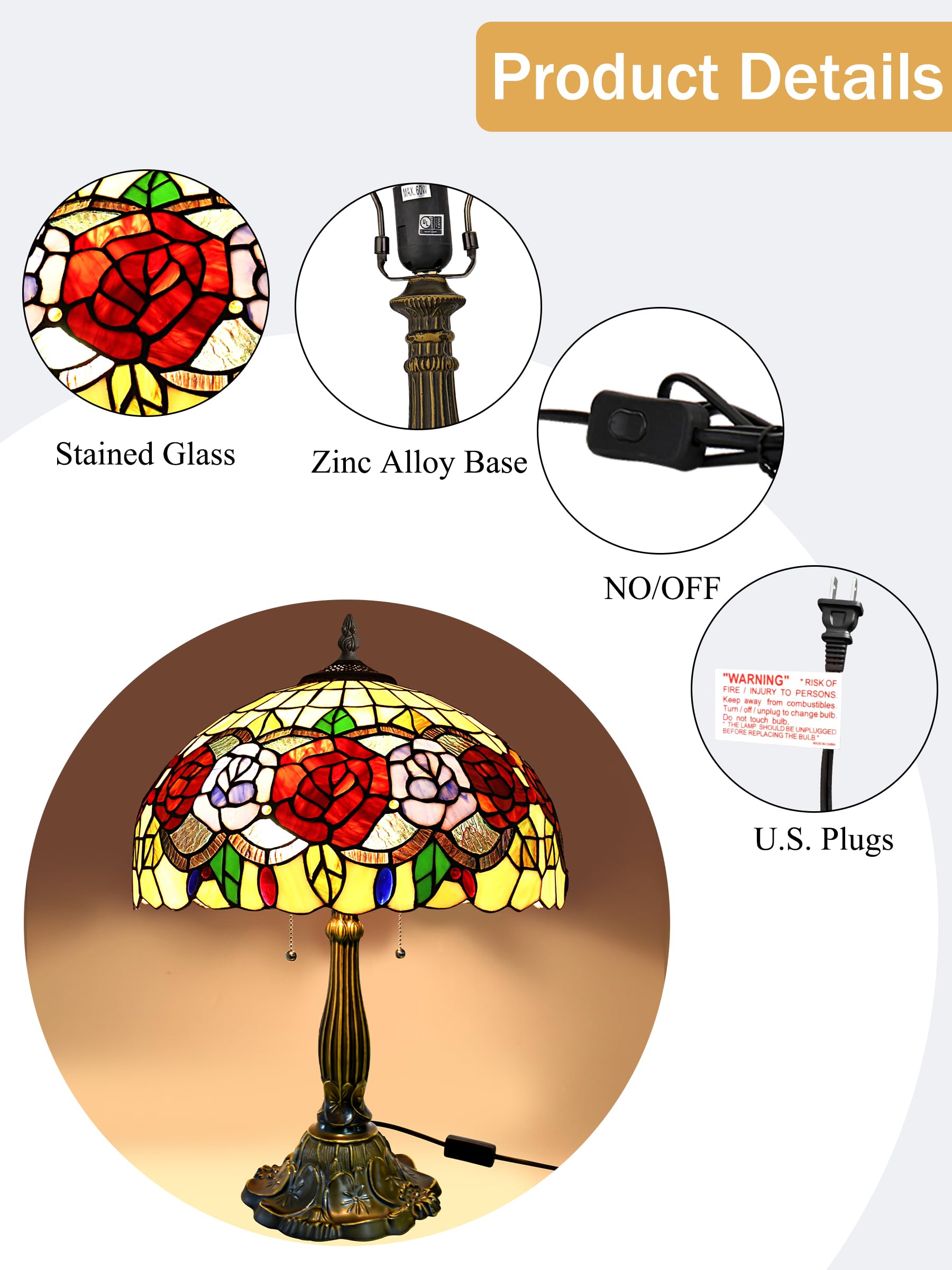 Tiffany Style Stained Glass Rose Table Lamp - 24 Inch Tall, 16 Inch Wide Shade, Antique Zinc Base with 2 Bulbs - Perfect for Living Room, Bedroom, Kitchen & Family Room Decor