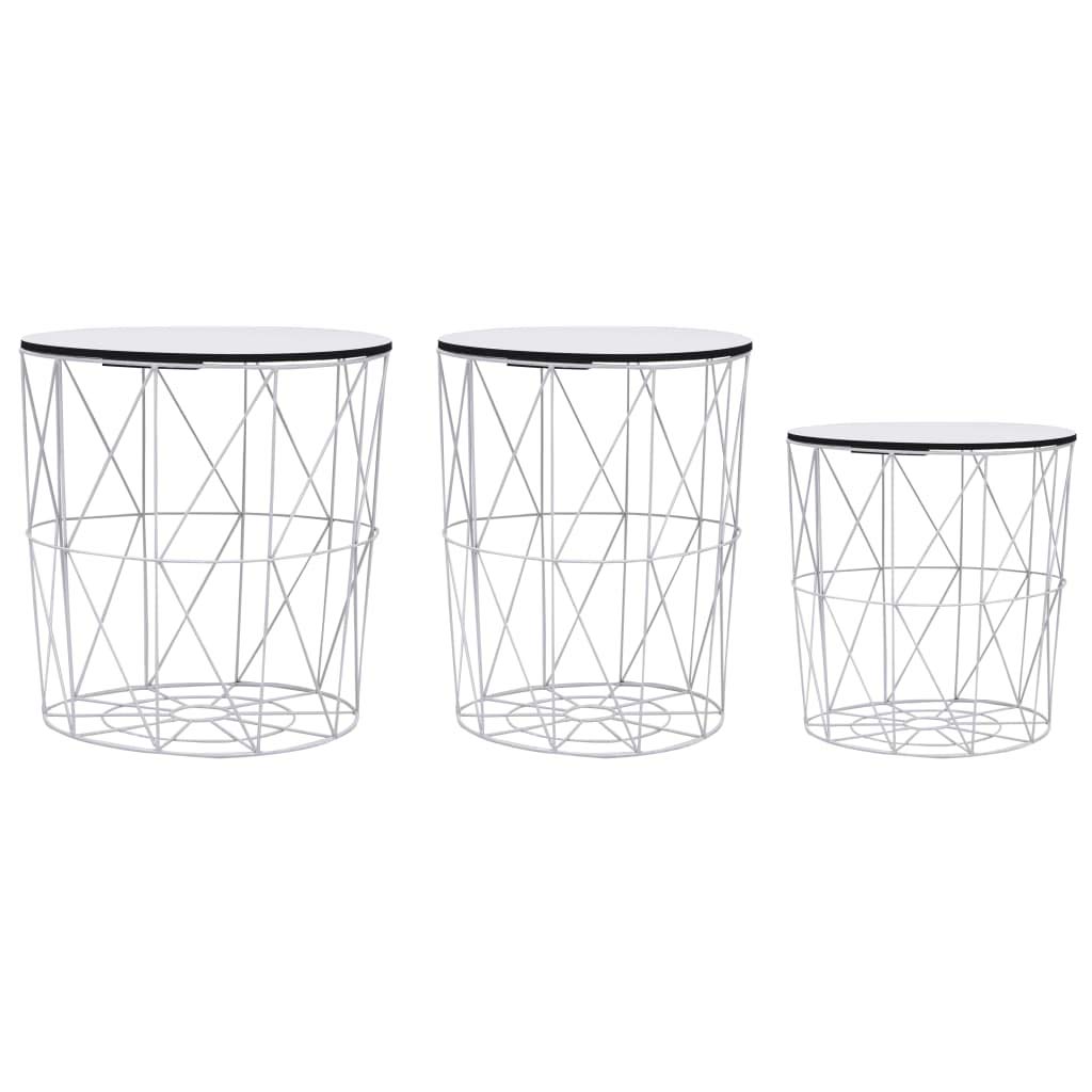 Stackable Round Nesting Coffee Tables with Storage Baskets - 3 Piece Set with Removable Wood Tops for Living Room, Bedroom & Office - Modern White Side End Tables for Small Spaces & Home Decor