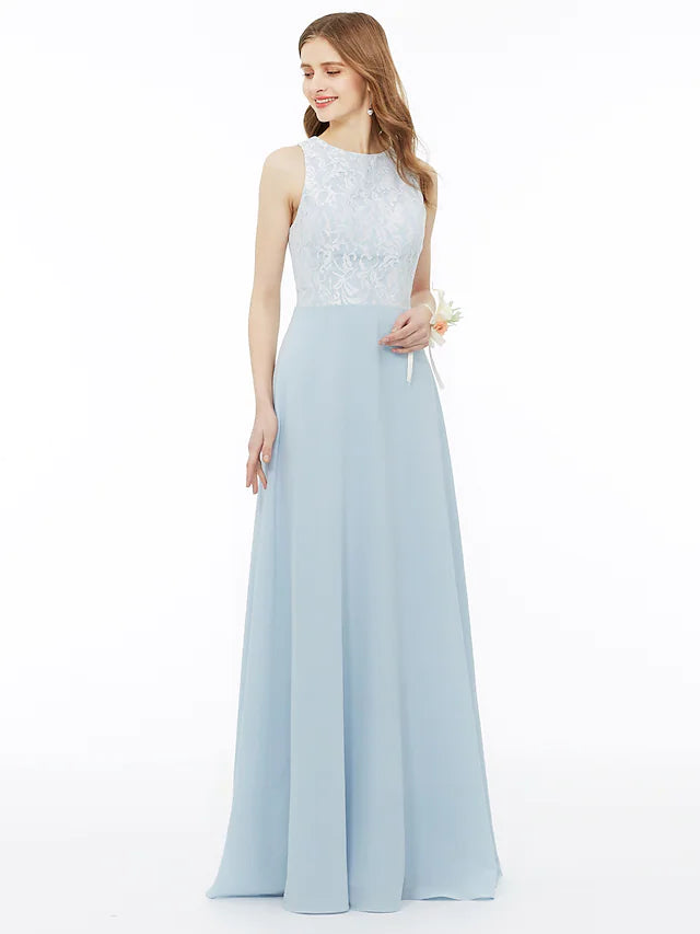 Elegant A-Line Bridesmaid Dress with Jewel Neckline, Sleeveless Floor-Length Chiffon & Metallic Lace - Pleated Draping & Appliques for Weddings, Formal Events & Special Occasions