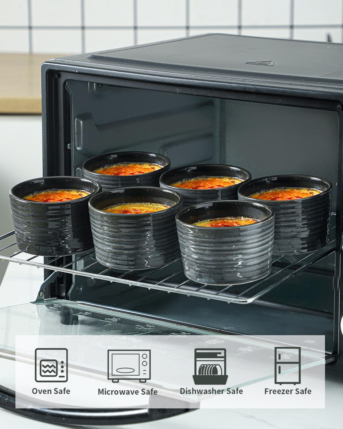 Hasense 8 oz Ceramic Ramekins Set of 6 - Oven Safe Souffle Dishes & Porcelain Dipping Bowls for Creme Brulee, Pudding, Custard, Ice Cream (Grey) - Perfect for Baking, Serving Dips & Dessert Presentation