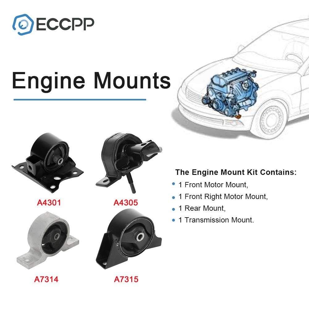 ECCPP Engine Motor and Transmission Mounts Kit - Front & Rear Mount Set Compatible with 2000-2006 Nissan Sentra 1.8L (4PCS) - Smooth Ride & Vibration Reduction for Daily Commute & Performance Driving