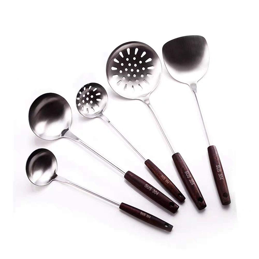 Premium KAPOHU 304 Stainless Steel Kitchen Utensil Set - Wooden Handle Spatula, Soup Spoon & Colander for Cooking, Baking & Serving - Durable Kitchen Supplies for Home Chefs & Professional Cooks