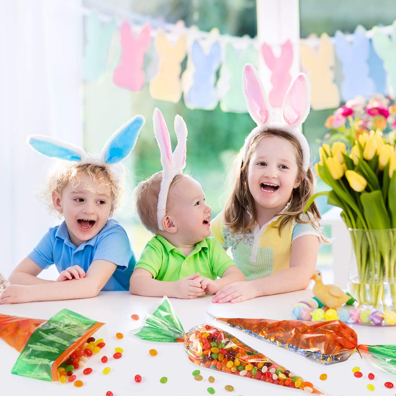 200 Counts Easter Carrot Patterned Cellophane Treat Bags with Gold Twist Ties - Party Favors for Easter Egg Hunts, Classroom Rewards & Holiday Gift Wrapping (200 Pieces)
