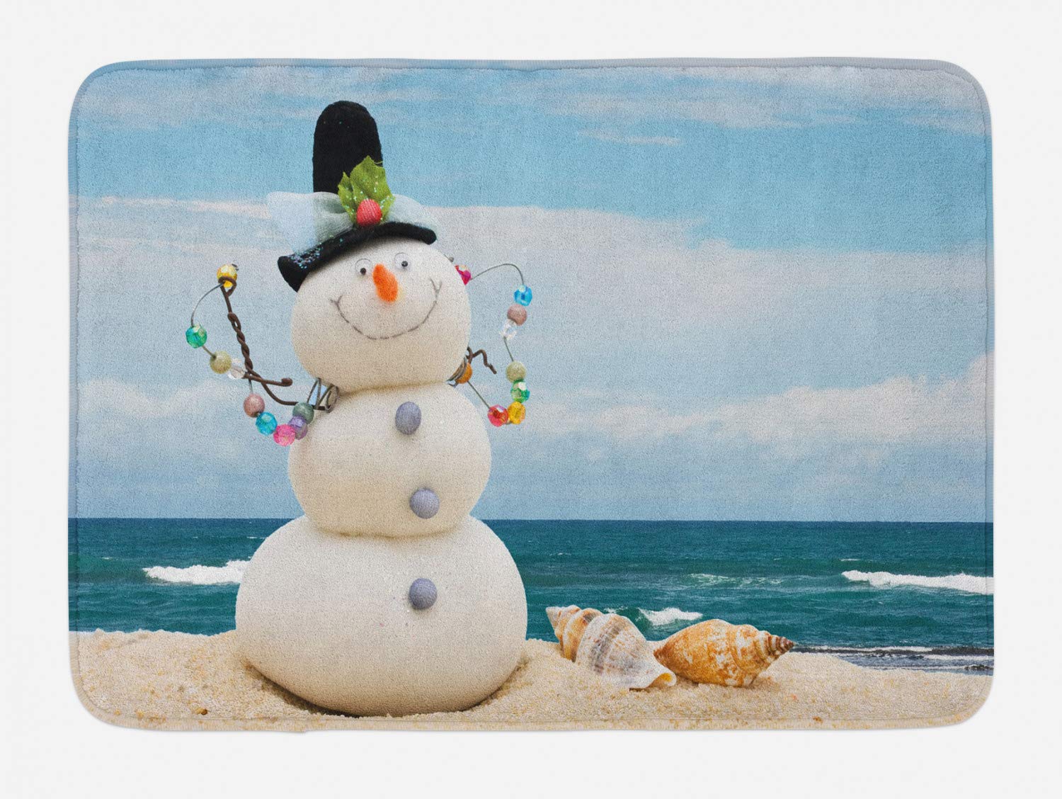 Ambesonne Snowman Bath Mat - Non-Slip Plush Winter Holiday Decor with Coastal Seashell Design, 30.2
