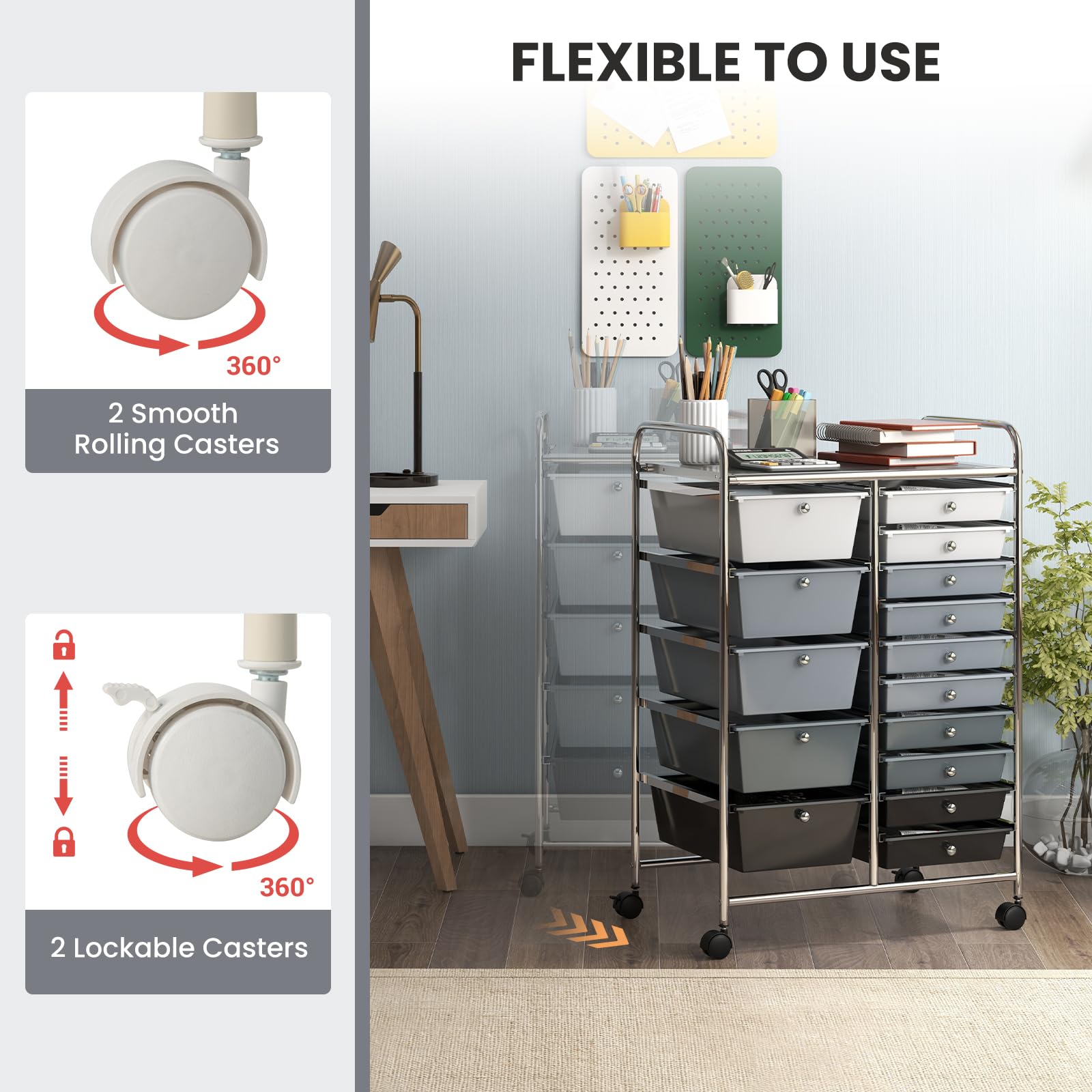 Byroce 15-Drawer Rolling Storage Cart with Wheels - Mobile Organizer for Art Supplies, School Tools, Office Paper & Craft Materials - Multipurpose Classroom & Home Office Storage Solution (Grey) - Perfect for Teachers, Artists & DIY Enthusiasts