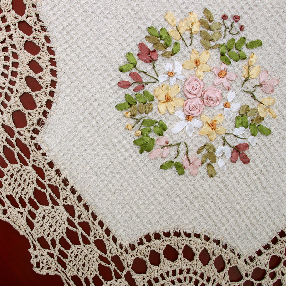 Handmade Crochet Cotton Lace Table Runner - 16 x 36 Inch Elegant Dresser Scarf with Ribbon Embroidery - Perfect for Dining Table, Wedding Decor & Home Decoration
