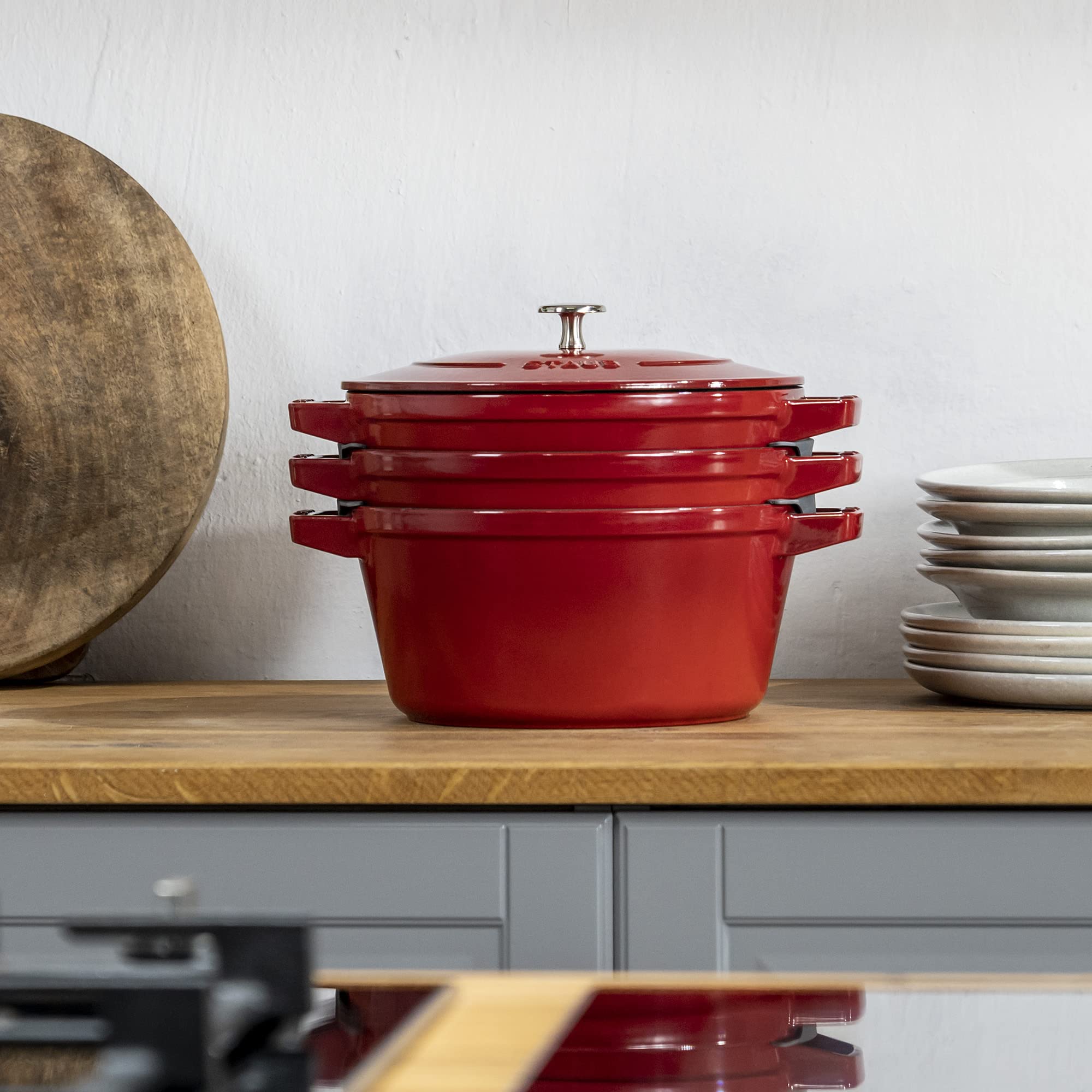 STAUB 4-Piece Cast Iron Cookware Set - Stackable Dutch Oven, Skillet & Grill Pan with Universal Lid - Premium French-Made Cherry Red Cookware for Baking, Roasting & Grilling - Perfect for Home Kitchens & Outdoor Cooking