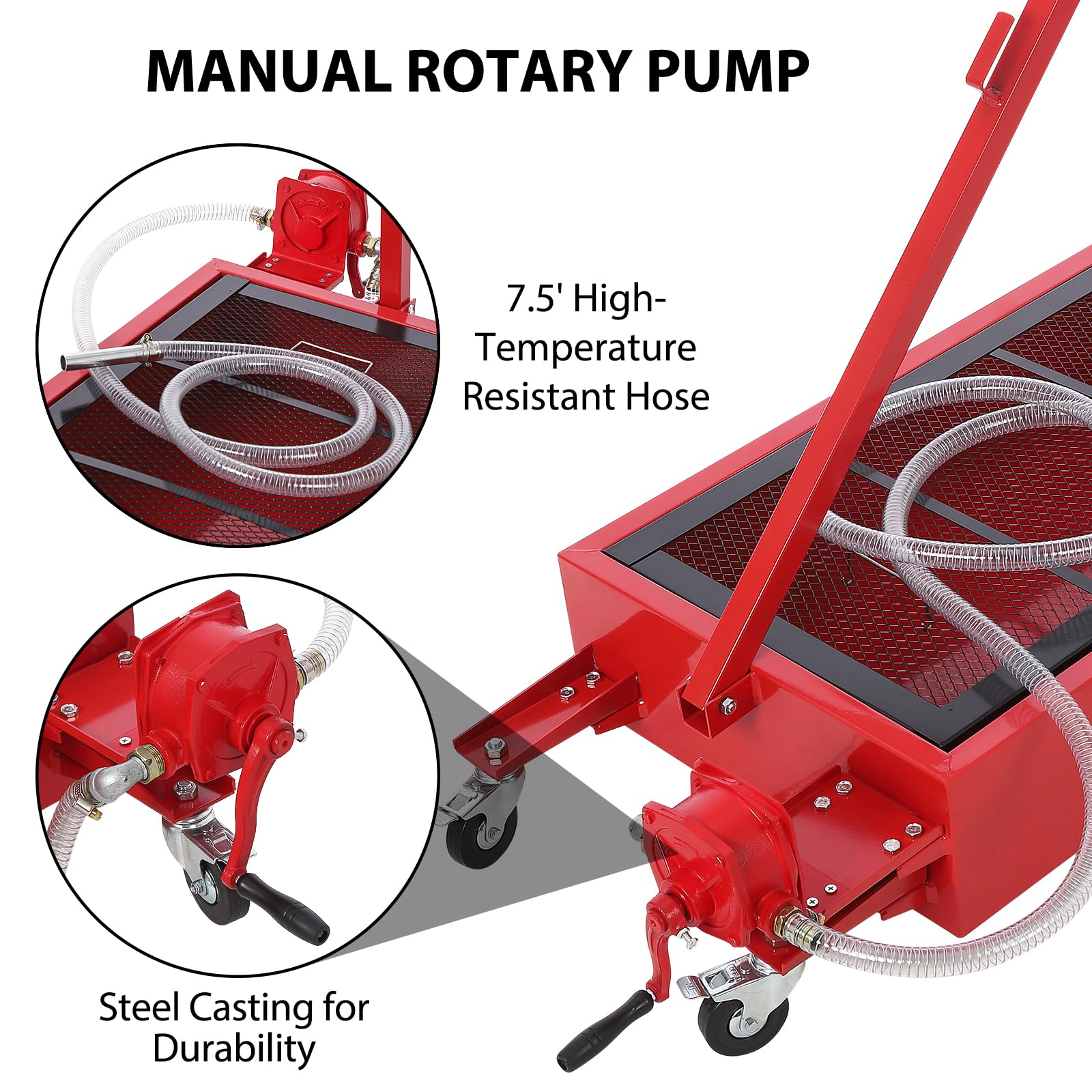 **20 Gallon (76L) Low Profile Oil Drain Pan with Manual Pump & Wheels - Heavy Duty Oil Change Pan for Cars, SUVs, Trucks - Includes 8FT Hose & Foldable Handle for Easy Transport & Storage**    *(Perfect for DIY Oil Changes, Auto Shops, and Quick Garage Maintenance)*