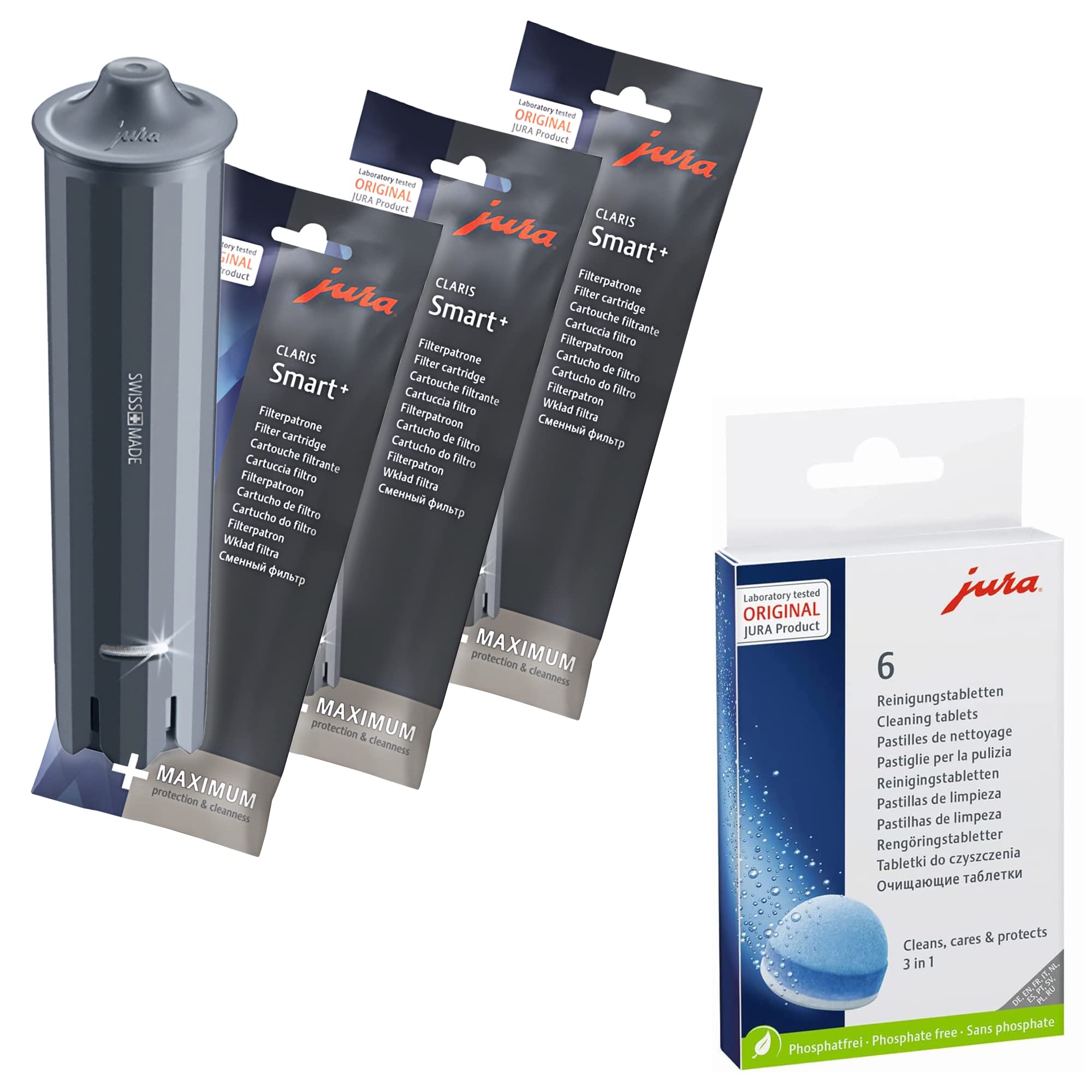 Jura Claris Smart+ Water Filter 3-Phase System with 6 Cleaning Tablets - Value Combo Pack (3 Filters + 6 Tablets) for Coffee Machine Maintenance & Water Purification - Perfect for Home & Office Use