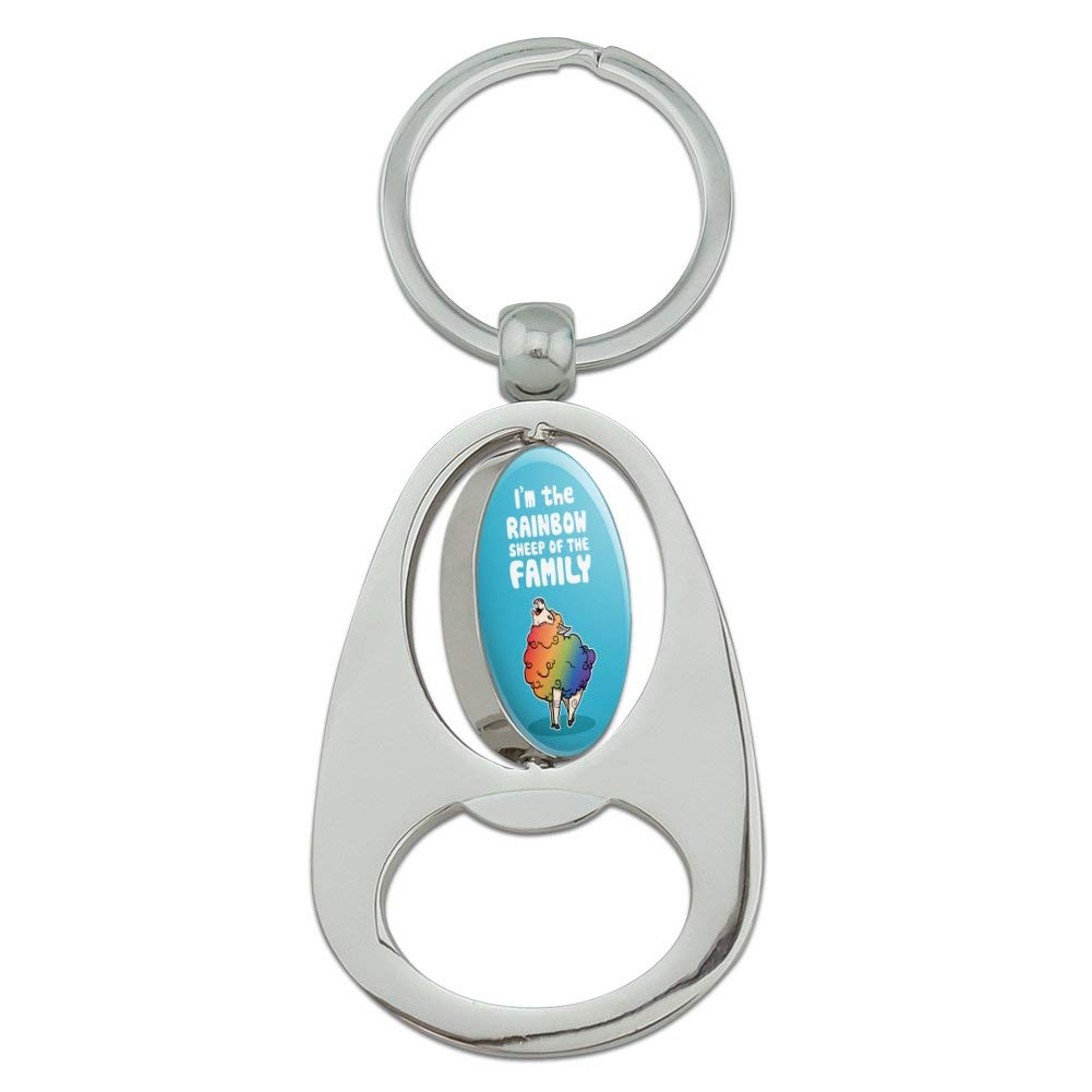Rainbow Sheep Family Gay Pride Keychain - Chrome Metal Spinning Oval Bottle Opener for LGBTQ+ Events, Parties & Gifts