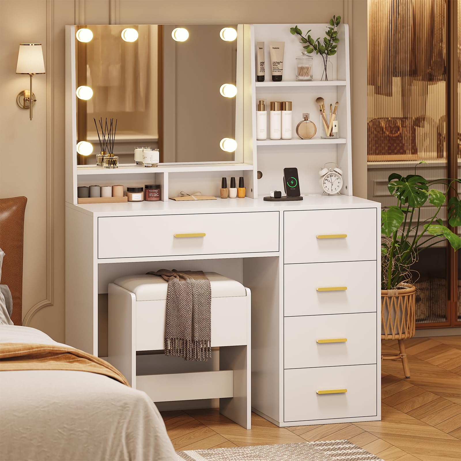AOGLLATI White Makeup Vanity Set with LED Lights & Charging Station - Vanity Desk with Mirror, Cushioned Stool, Visible Drawers & Open Shelves - Perfect for Bedroom, Dressing Room & Beauty Salon Organization