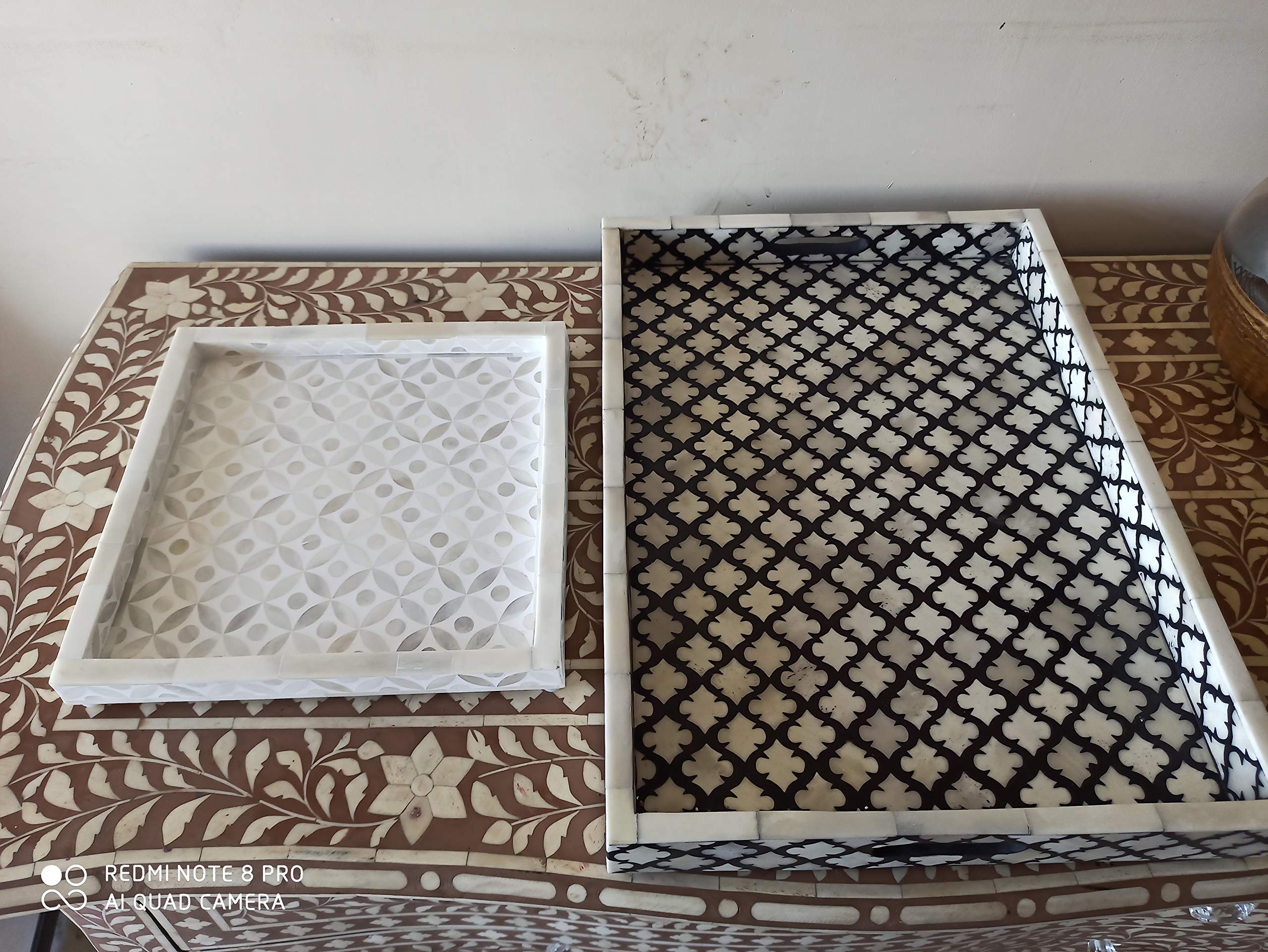 Handcrafted Antique Bone Inlay Serving Tray - White Wooden Decorative Ottoman Tray for Breakfast in Bed, Coffee Table Decor & Home Accessories | Fairdeal Handicrafts