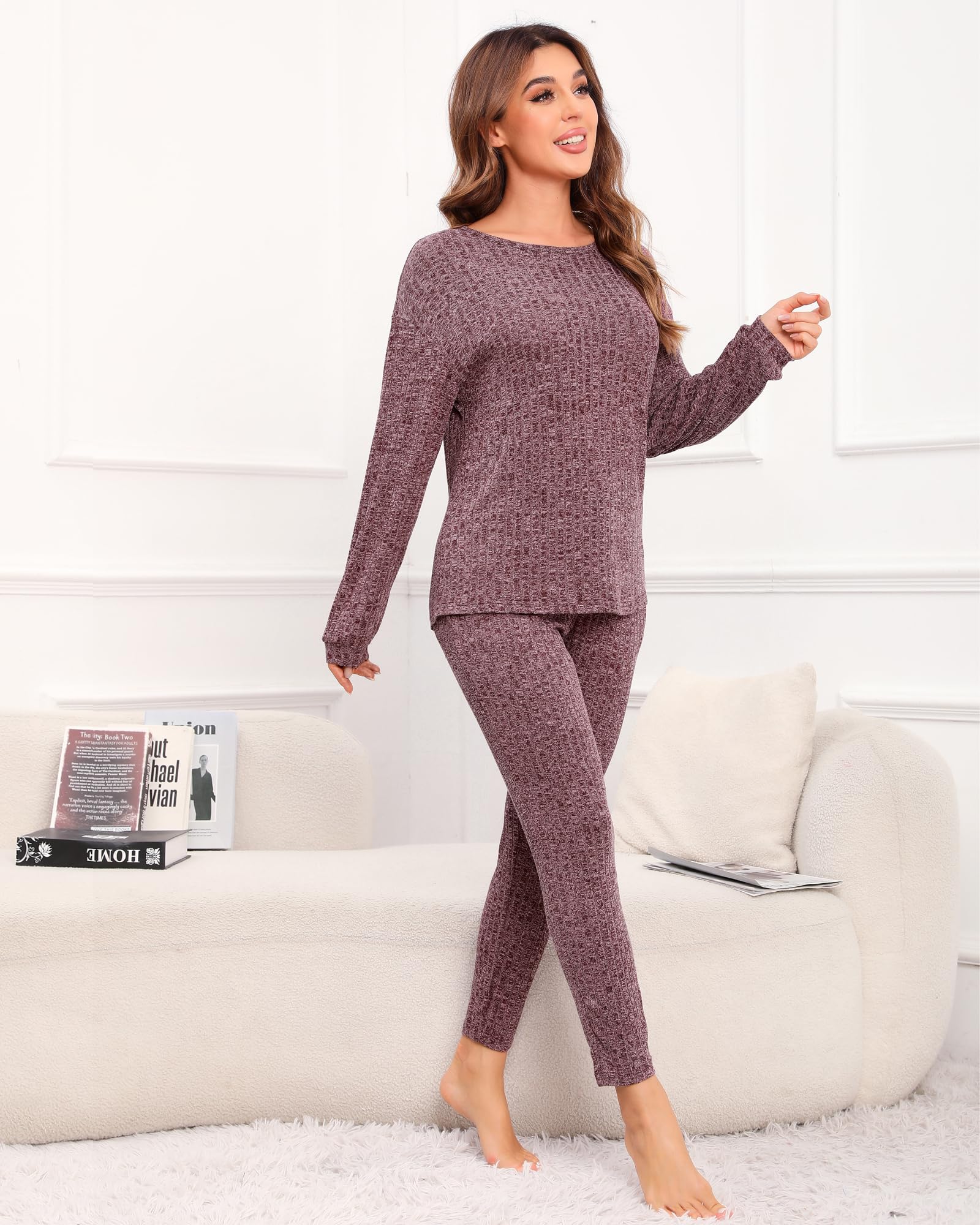 Difficort Women's Long Sleeve Pajama Set - Soft Ribbed Knit Sleepwear & Lounge PJS with Pockets | Cozy Winter Nightwear for Home Relaxation & Sleep