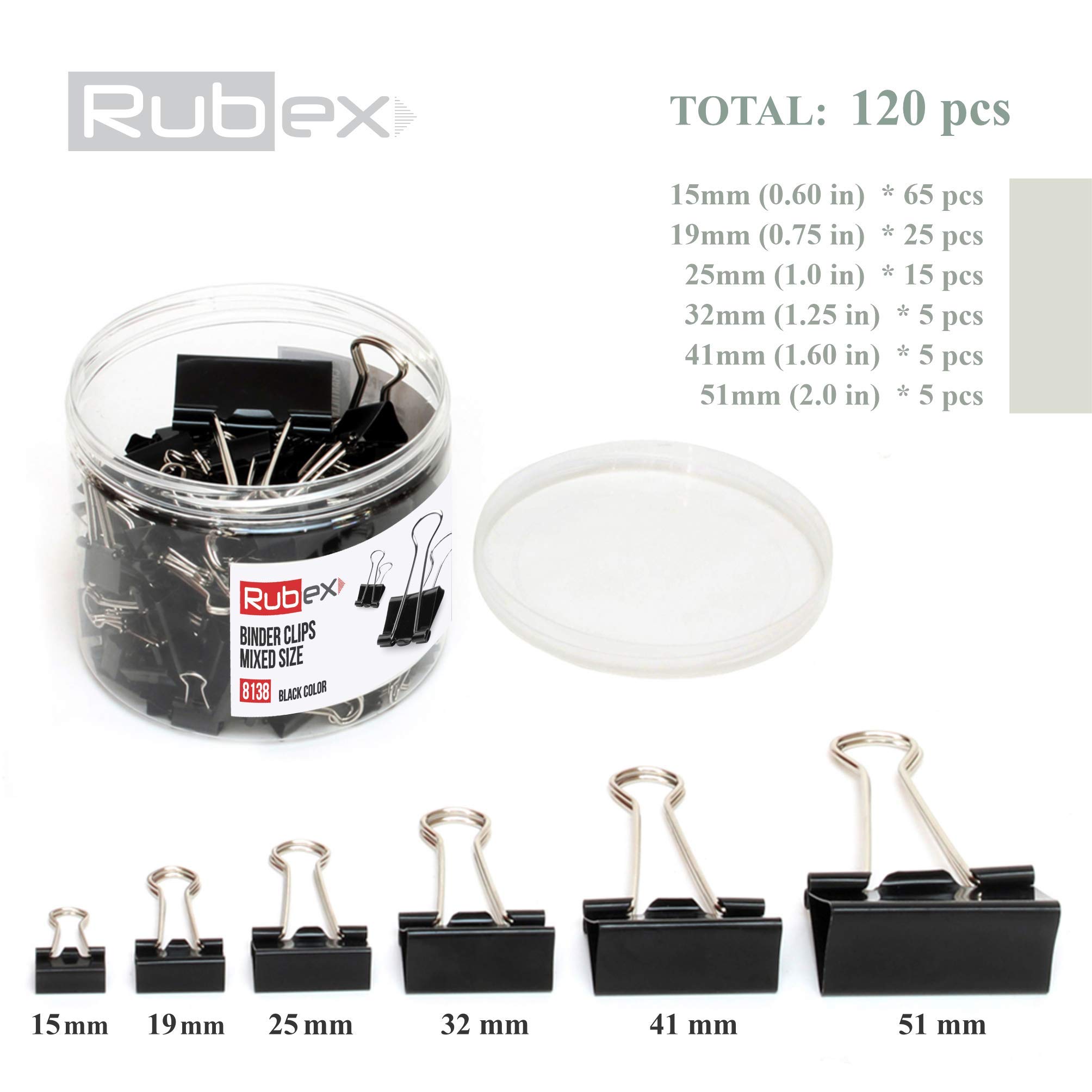 120 Pack Black RUBEX Binder Clips - Mixed Sizes Small, Medium, Large - Heavy Duty Metal Paper Clips for Office, School, Home - Organize Documents, Notebooks, Files & Envelopes