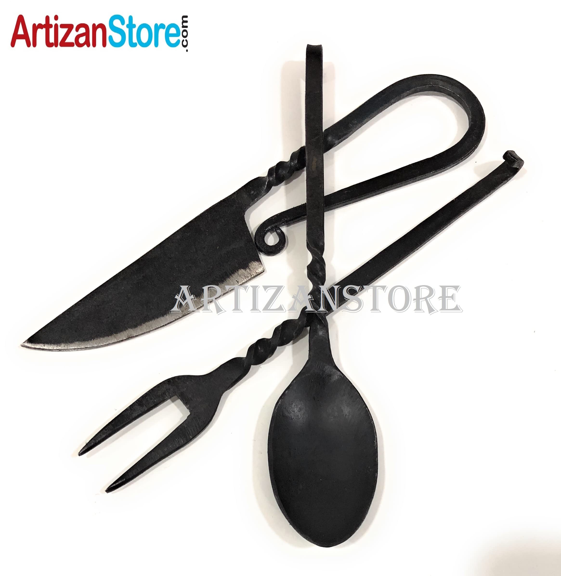 Hand-Forged Black Medieval 3-Piece Kitchen Utensil Set - Viking Cutlery with Knife, Spoon & Fork - Rustic Dinnerware for Home, Restaurant & Camping - Durable Kitchen Tools & Outdoor Essentials