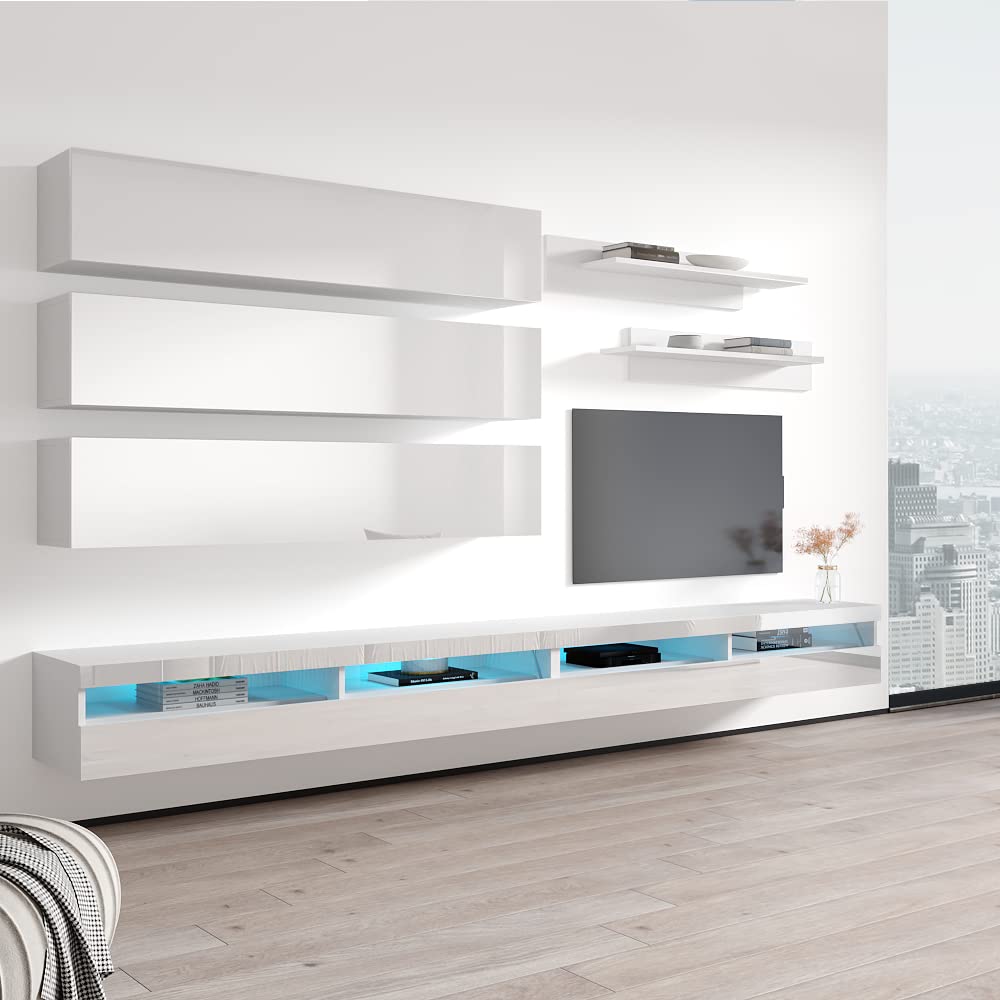 Modern Floating TV Stand with Storage & LED Lights - Wall-Mounted Entertainment Center for Bedroom & Living Room - White TV Console with Shelves - Perfect for Small Spaces & Home Theater Setup
