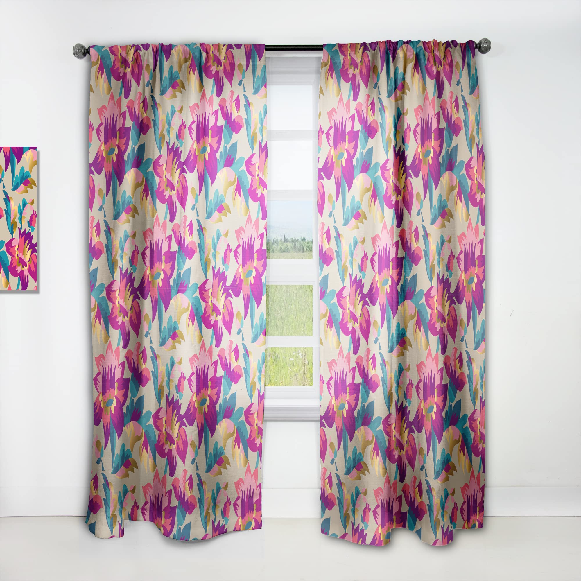 Elegant Blossom Hand-Painted Folk Pattern Thermal Insulated Curtains - Single Panel 52x63 Inches - Perfect for Bedroom & Living Room Window Decor