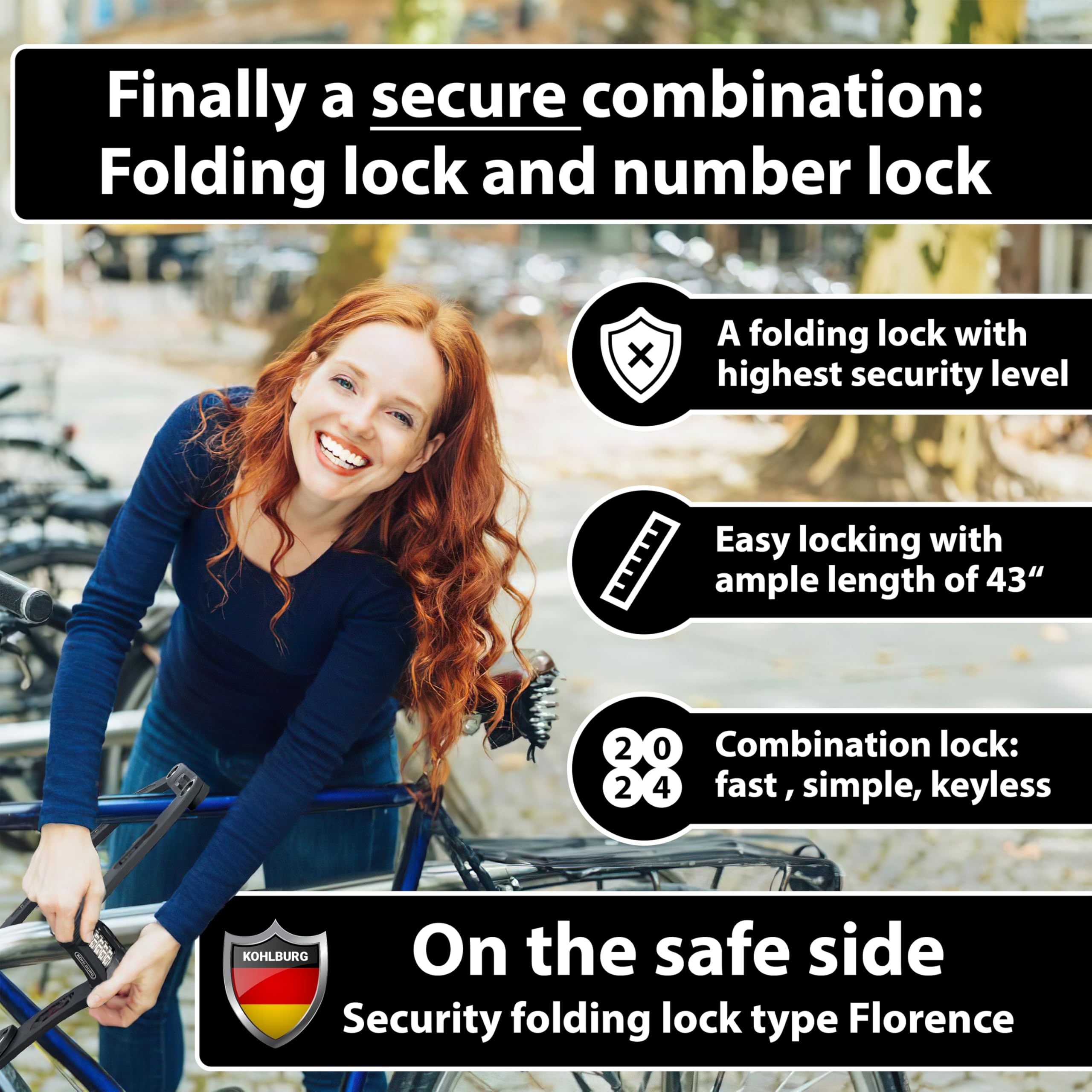 Heavy Duty Folding Bike Lock [43”] - Bolt Cutter Proof with 4-Digit Combination & Mounting Bracket - Anti-Theft Security for Bicycle, eBike, MTB & Scooter - Perfect for Commuting, Travel & Outdoor Adventures