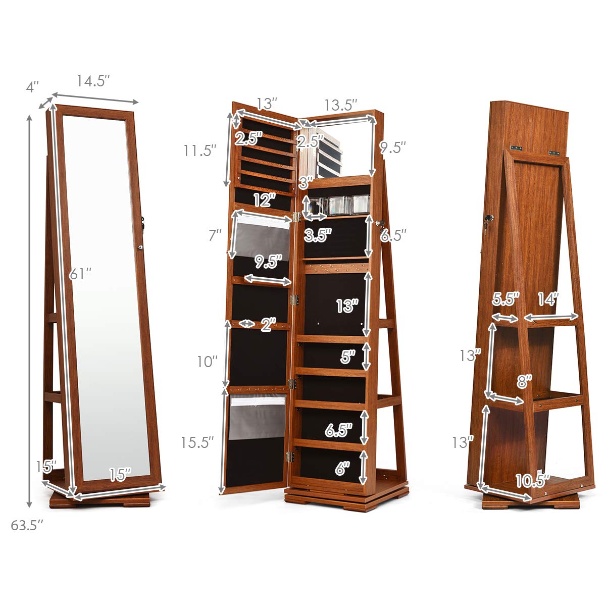 CHARMAID 360° Swivel Jewelry Armoire with Full-Length Mirror - Lockable Standing Jewelry Cabinet Organizer with Large Storage, Makeup Mirror & Back Shelves (Walnut) - Perfect for Bedroom, Closet & Dressing Room Organization