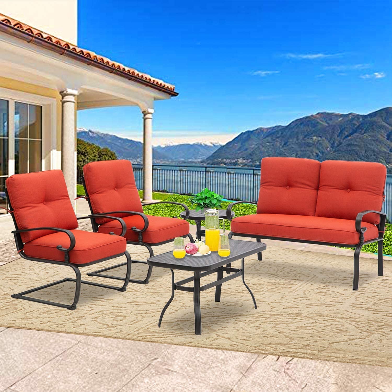 5-Piece Outdoor Patio Furniture Conversation Set - Wrought Iron Bistro Set with Loveseat, 2 Spring Chairs & 2 Tables (Red Cushion Included) - Perfect for Garden, Backyard, Deck or Poolside Relaxation