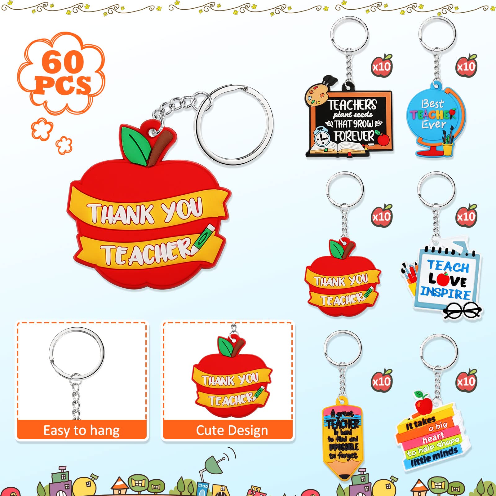 Henoyso 60 Pcs Teacher Keychain Bulk - Appreciation Gifts for Women Teachers - Classroom & Thank You Gifts