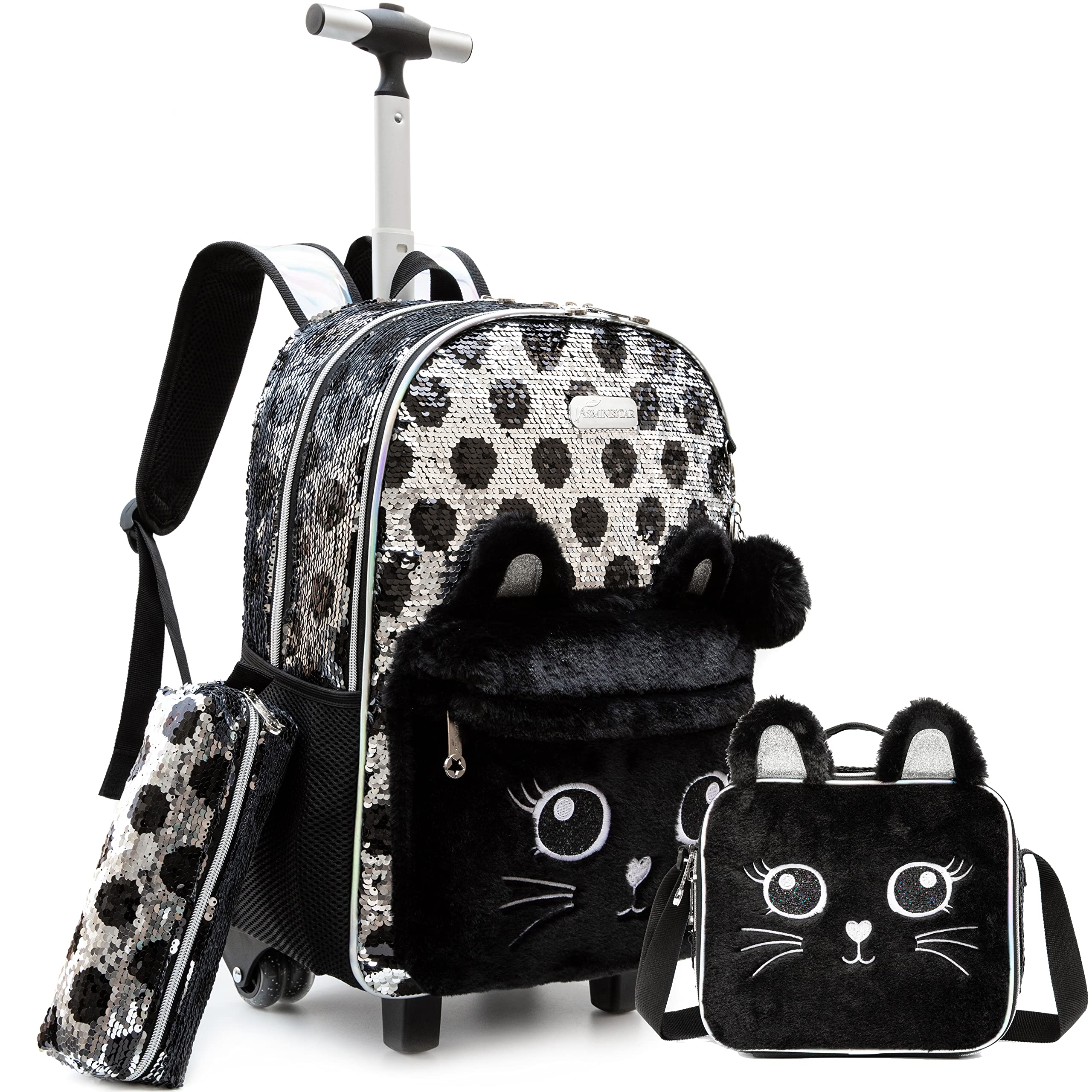 Sparkly Rolling Backpack for Girls - Adjustable Wheels with Lunch Box & Pencil Case | School Backpack, Travel Carry-On & Picnic Essentials for Kids