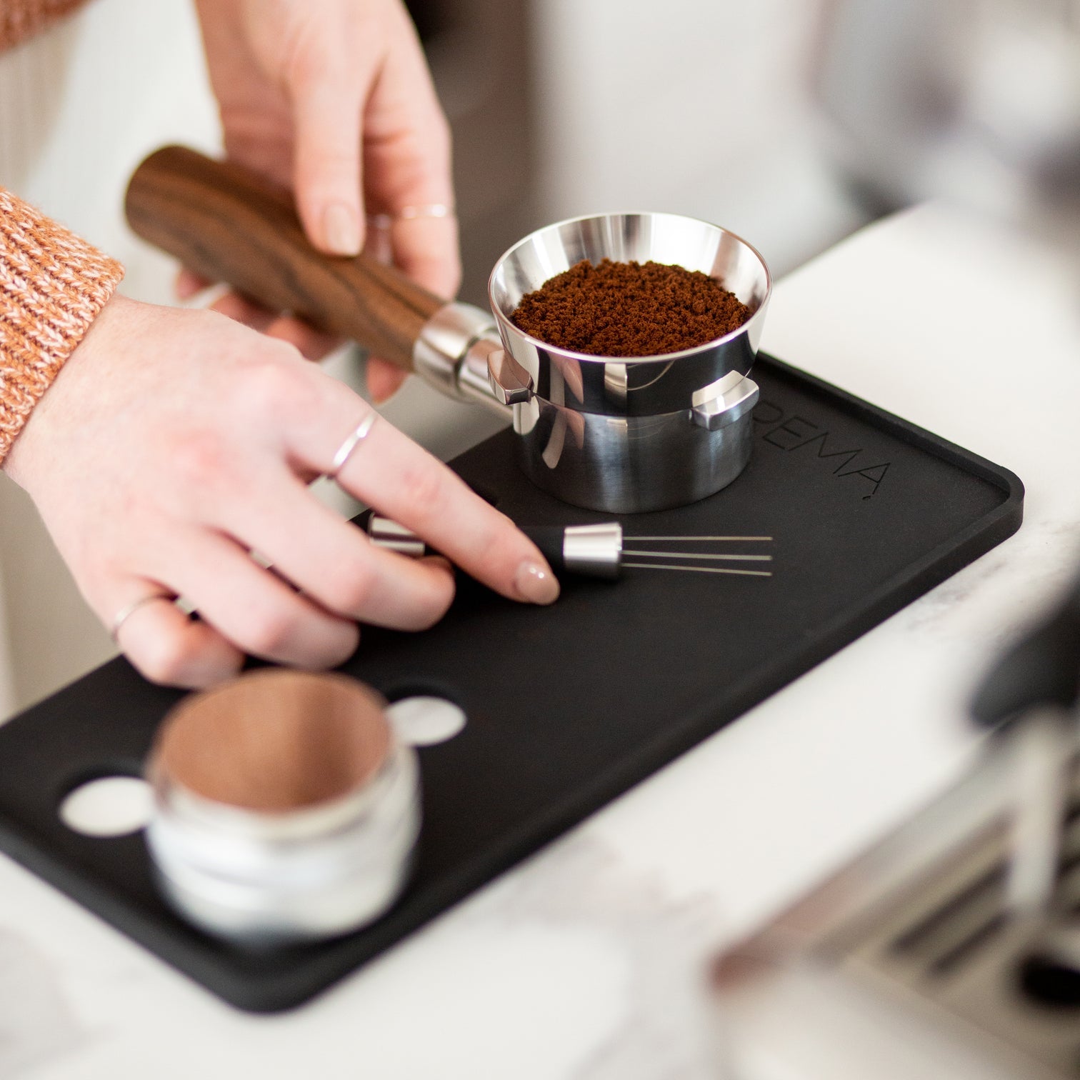 Premium Crema Tamping Mat for Breville Barista Express Espresso Machine - Non-Slip Silicone Coffee Puck Prep Station for Home Baristas & Coffee Shops