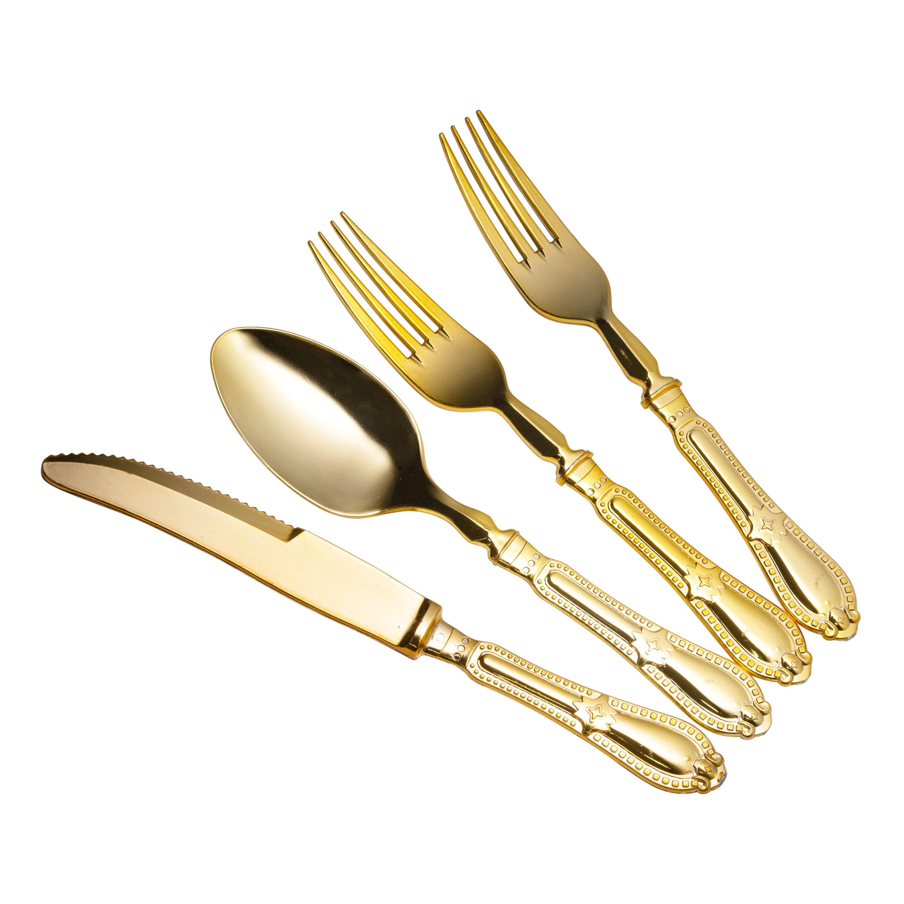 80-Piece Disposable Gold Plastic Silverware Set - Elegant Baroque Style Cutlery (20 Settings) - Perfect for Weddings, Parties, and Special Events