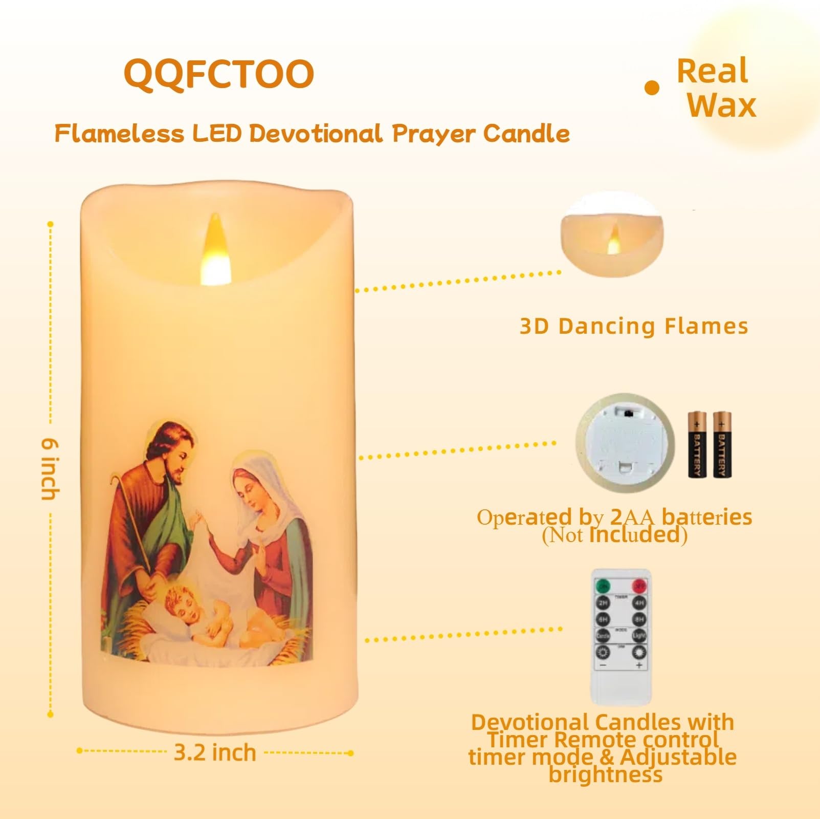 LED Flameless Prayer Candle with Remote Timer - Battery Operated Religious Candles, Real Wax for Home Altar, Church & Devotional Use - 6