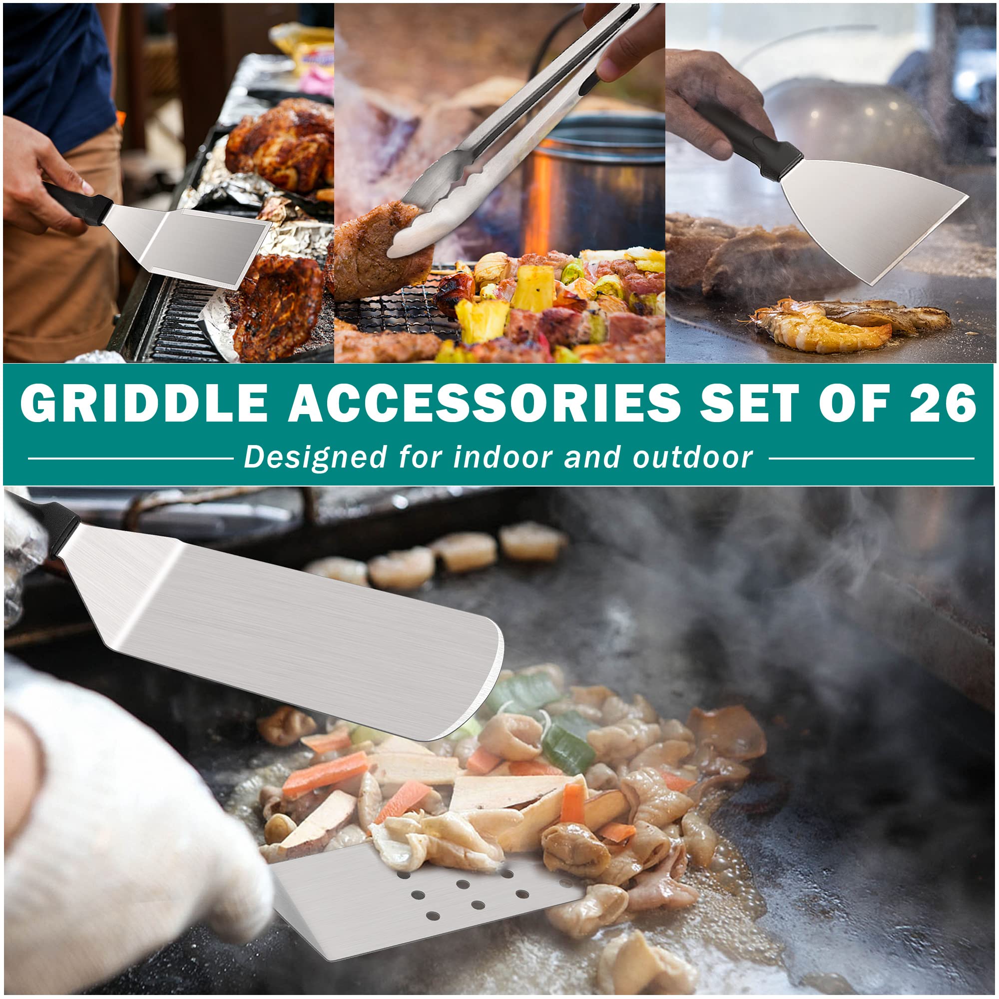 **Leonyo 26-Piece Stainless Steel Griddle Accessories Set – Professional Grill Tools with Spatula, 2 Melting Domes, Burger Press for Cast Iron Flat Top, Teppanyaki & Outdoor BBQ – Perfect for Backyard Cookouts, Camping & Tailgating**