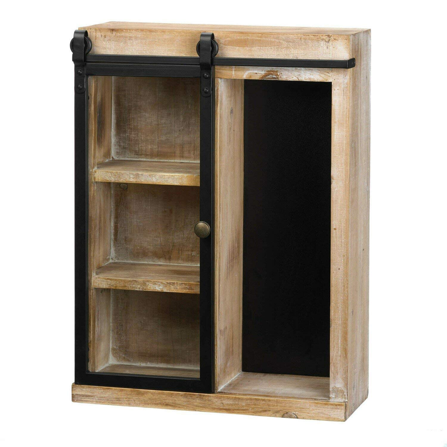 Rustic Open Wall Cabinet with Chalkboard Back & Glass Barn Door - Farmhouse Kitchen Storage for Spices, Dishes & Decor | Accent Plus Home Organization