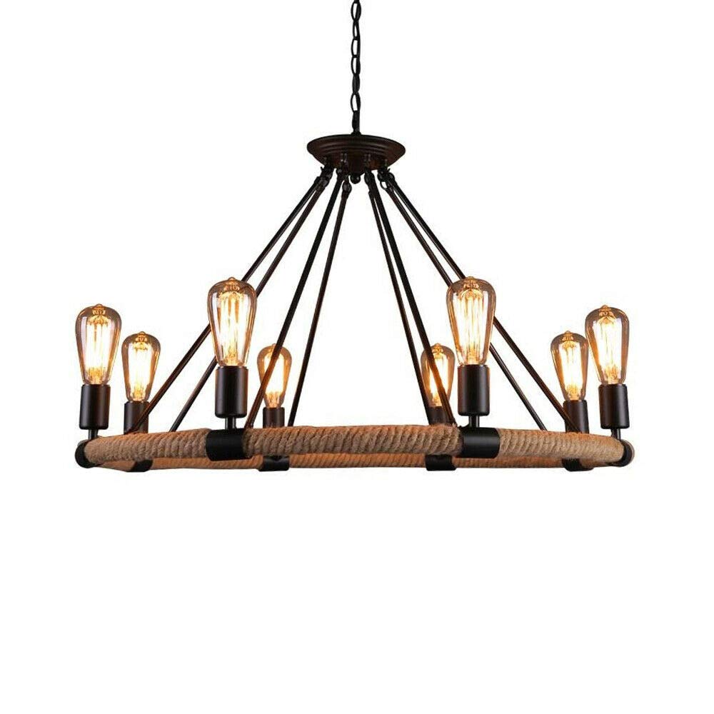 TBVECHI Rustic Industrial Round Chandelier - 8-Light Wagon Wheel Pendant Light with Black Wrought Iron & Hemp Rope Design for Farmhouse, Kitchen Island, Cafe, Restaurant, Dining Room - Vintage Retro Ceiling Lighting Fixture for Home Decor