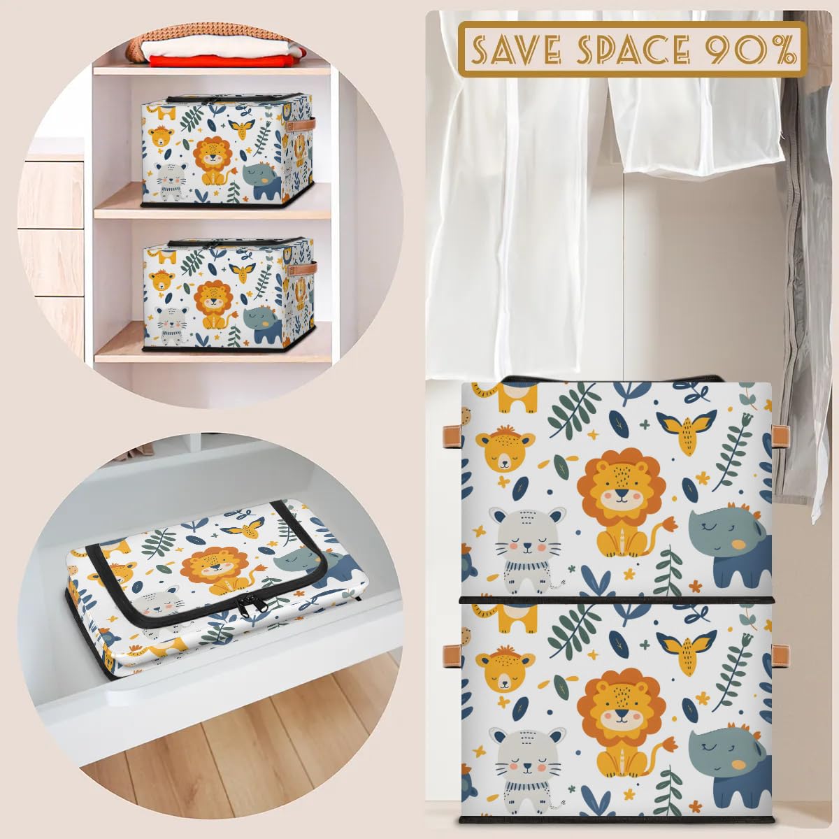 2-Pack Stackable Lion Print Storage Bins with Zipper Lid & Metal Frame - PU Handled Closet Organizer Cubes for Clothes, Toys, Blankets | Bedroom, Nursery, Playroom Storage Solution