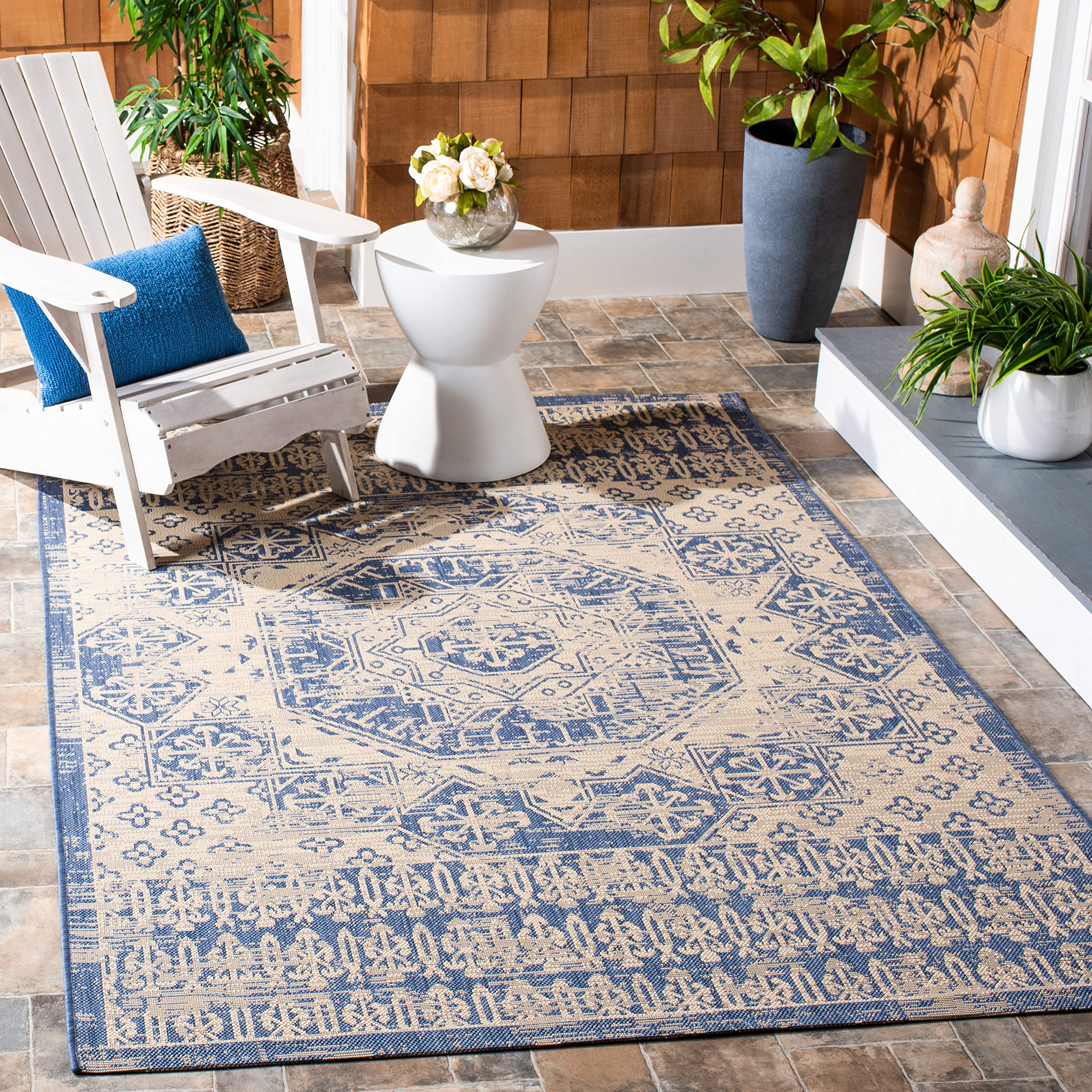 SAFAVIEH Courtyard Collection 8' x 11' Beige and Blue Indoor Outdoor Waterproof Rug - Easy to Clean, Stain Resistant Area Rug for Patio, Backyard, Mudroom, Deck, and Poolside Use