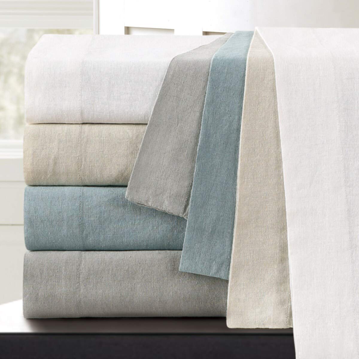 Premium Echelon Home Slate Blue Washed Linen Cotton Blend California King Sheet Set - Soft Breathable Bedding for Luxurious Comfort & Better Sleep