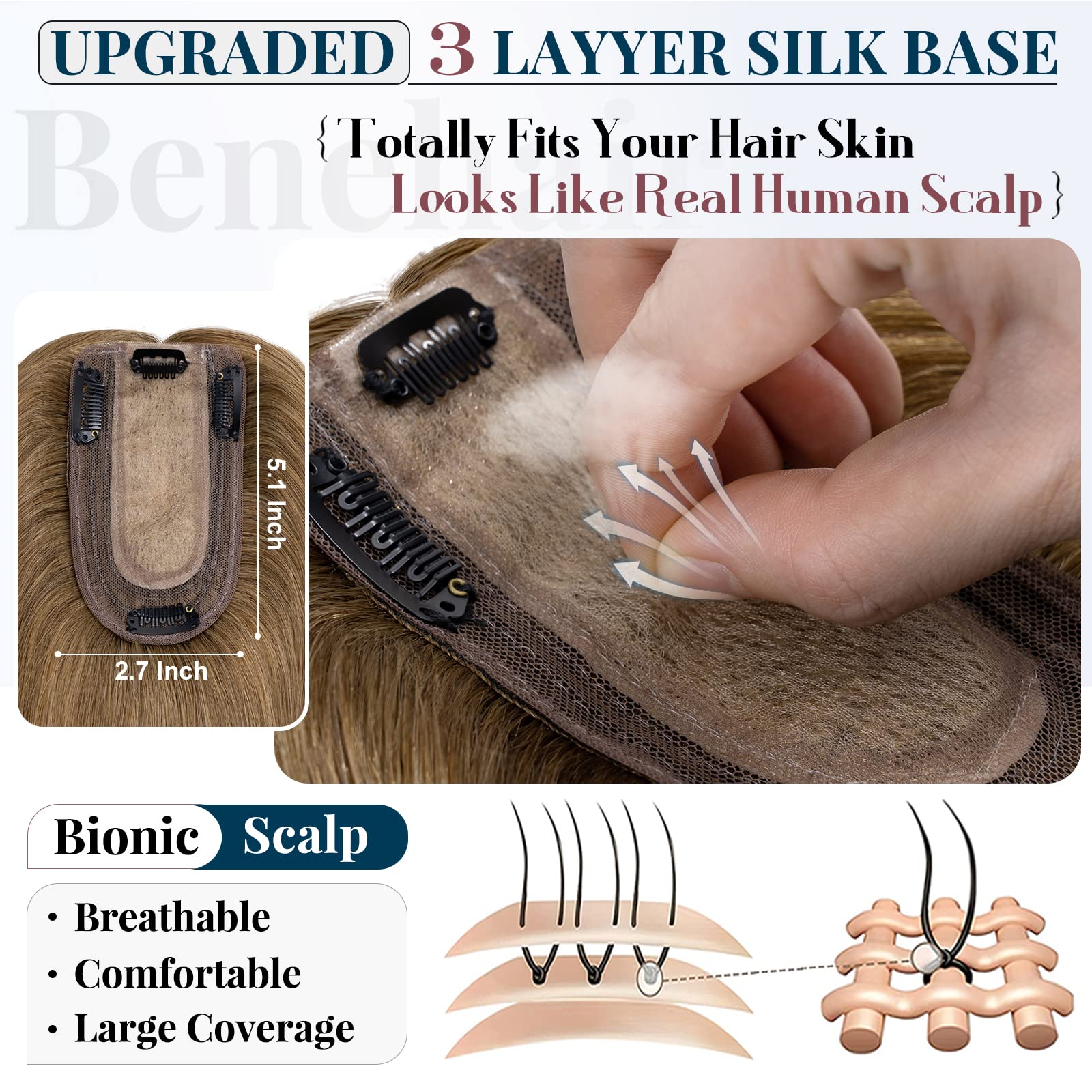 Benehair Remy Human Hair Topper for Women - 16 Inch Light Brown (#06) Clip-In Silk Base Hairpiece - 38g Natural Looking Hair Replacement for Thinning Hair | Perfect for Daily Wear, Special Occasions & Styling