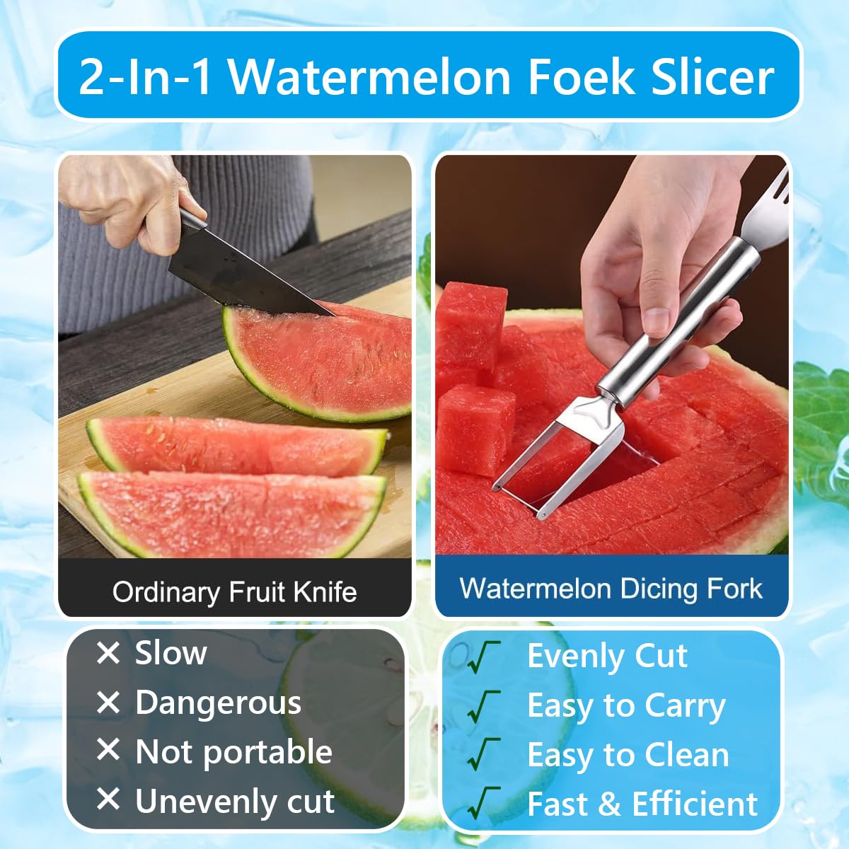 2024 Stainless Steel 2-in-1 Watermelon Slicer & Fork - Dual Head Fruit Cutting Tool for Watermelons, Melons & Fruits - Perfect for Summer BBQs, Picnics & Home Kitchen Use