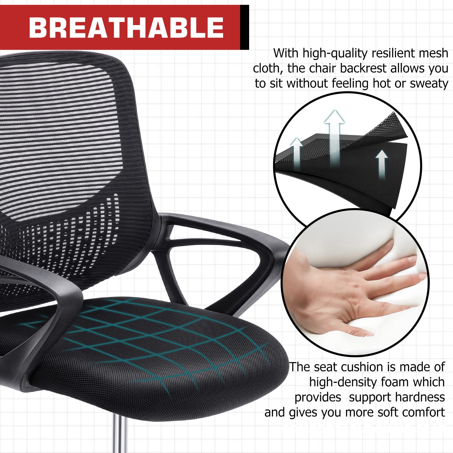 Ergonomic Mid-Back Mesh Drafting Chair - Adjustable Height Office Chair with Lumbar Support, Armrests & Foot Ring for Standing Desks - Black Stool for Artists, Architects & Counter Height Workspaces