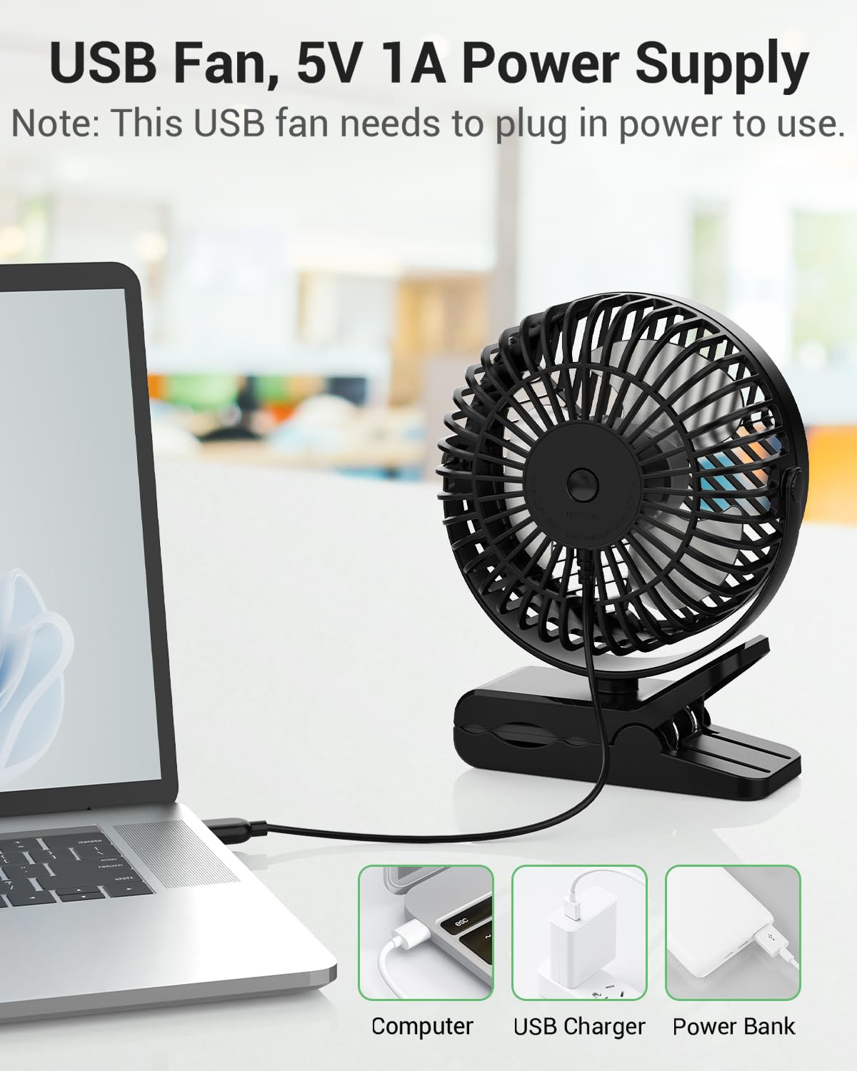 GEHEN Clip-On Fan with Sturdy Clamp - USB Powered 3-Speed Portable Fan, Ultra Quiet Personal Cooling Fan for Bedroom, Office, Stroller, Baby Crib & Treadmill Workouts