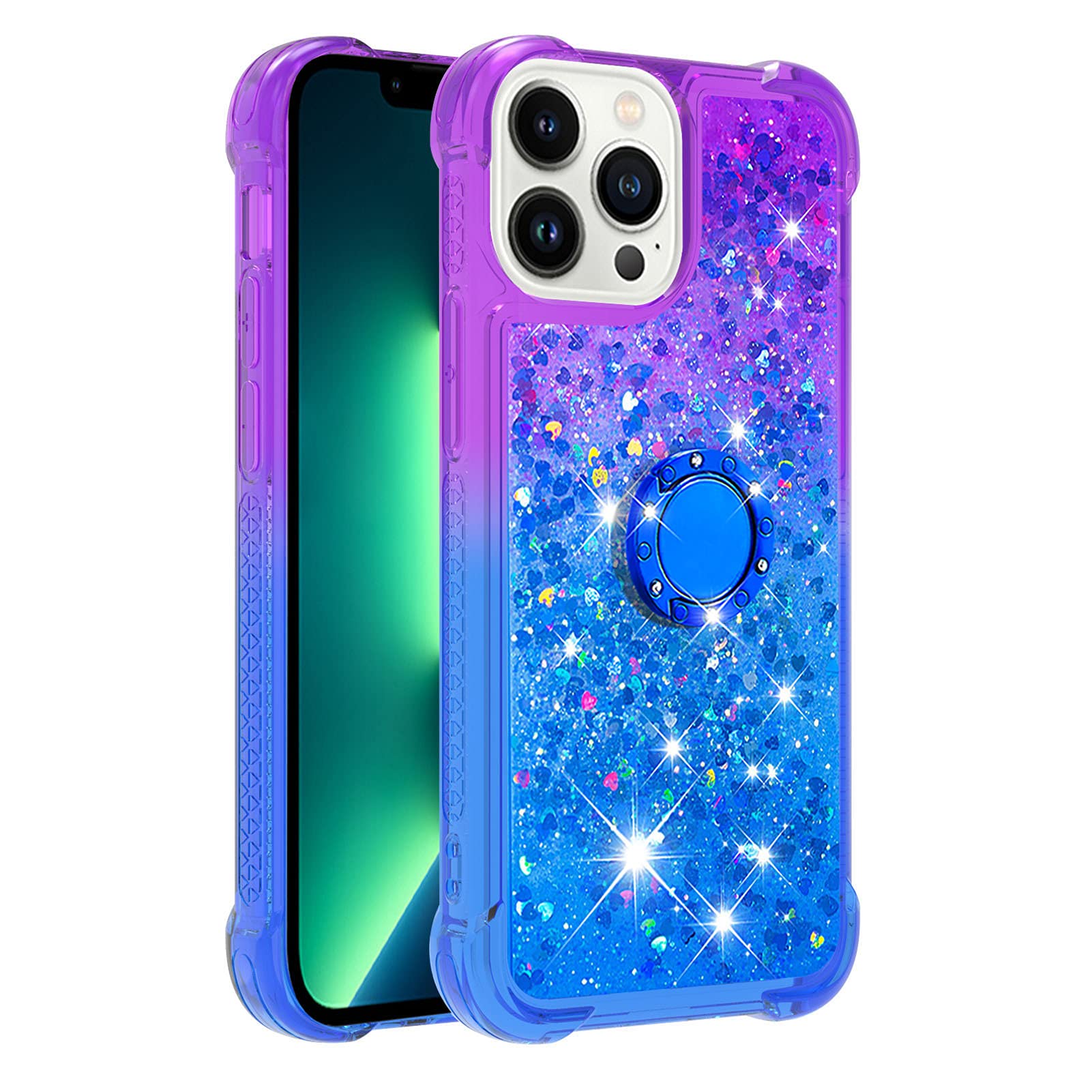 Premium iPhone 13 Pro Max Case - Gradient Quicksand Glitter Bling Liquid Floating Ring with Kickstand | Shockproof TPU Bumper & Reinforced Corners | Stylish Purple-Blue Protective Cover for Women | Perfect for Work, Travel & Everyday Use