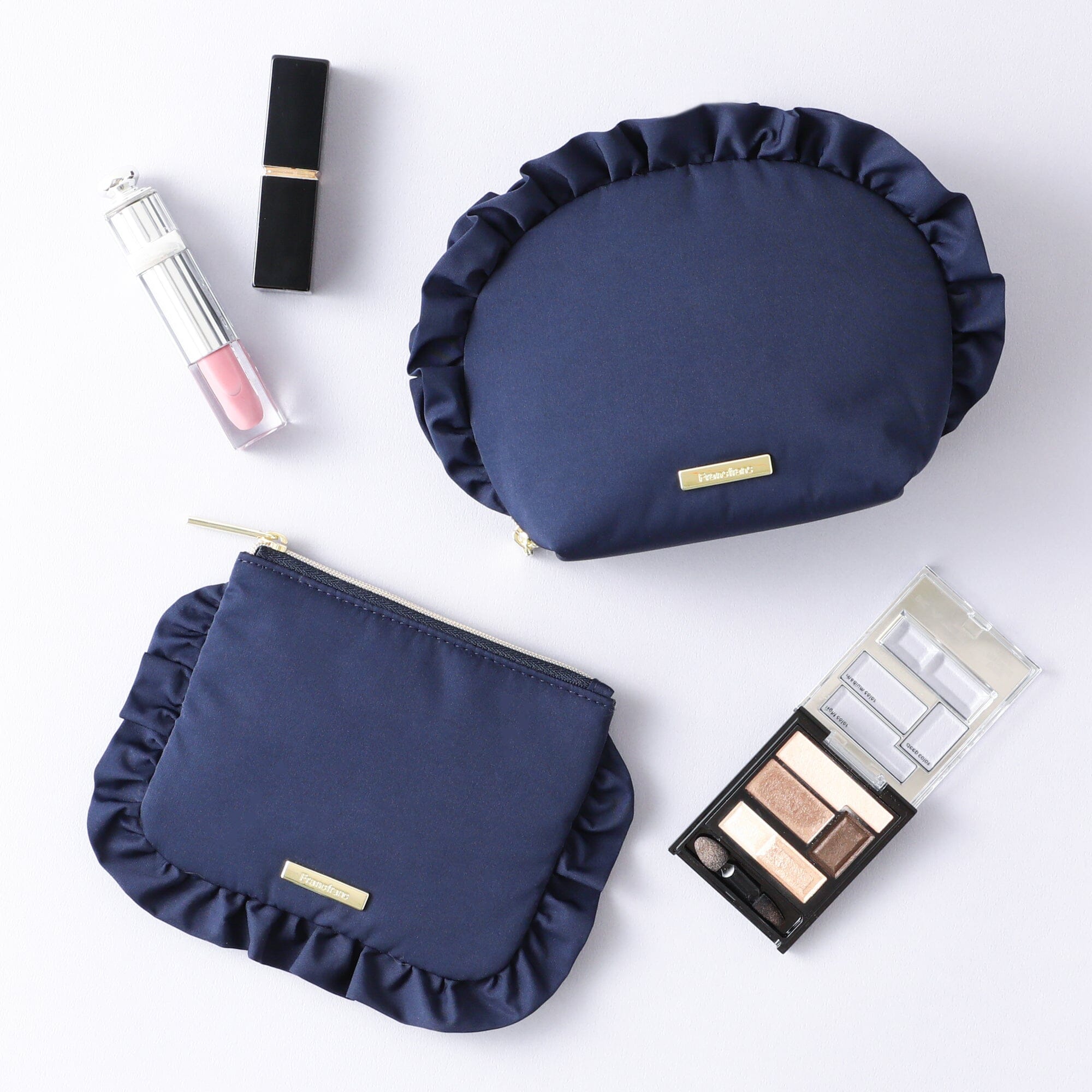 Frilled Vanity Pouch - Navy Blue Makeup Bag for Travel & Daily Use | Compact Cosmetic Organizer with Elegant Lace Trim