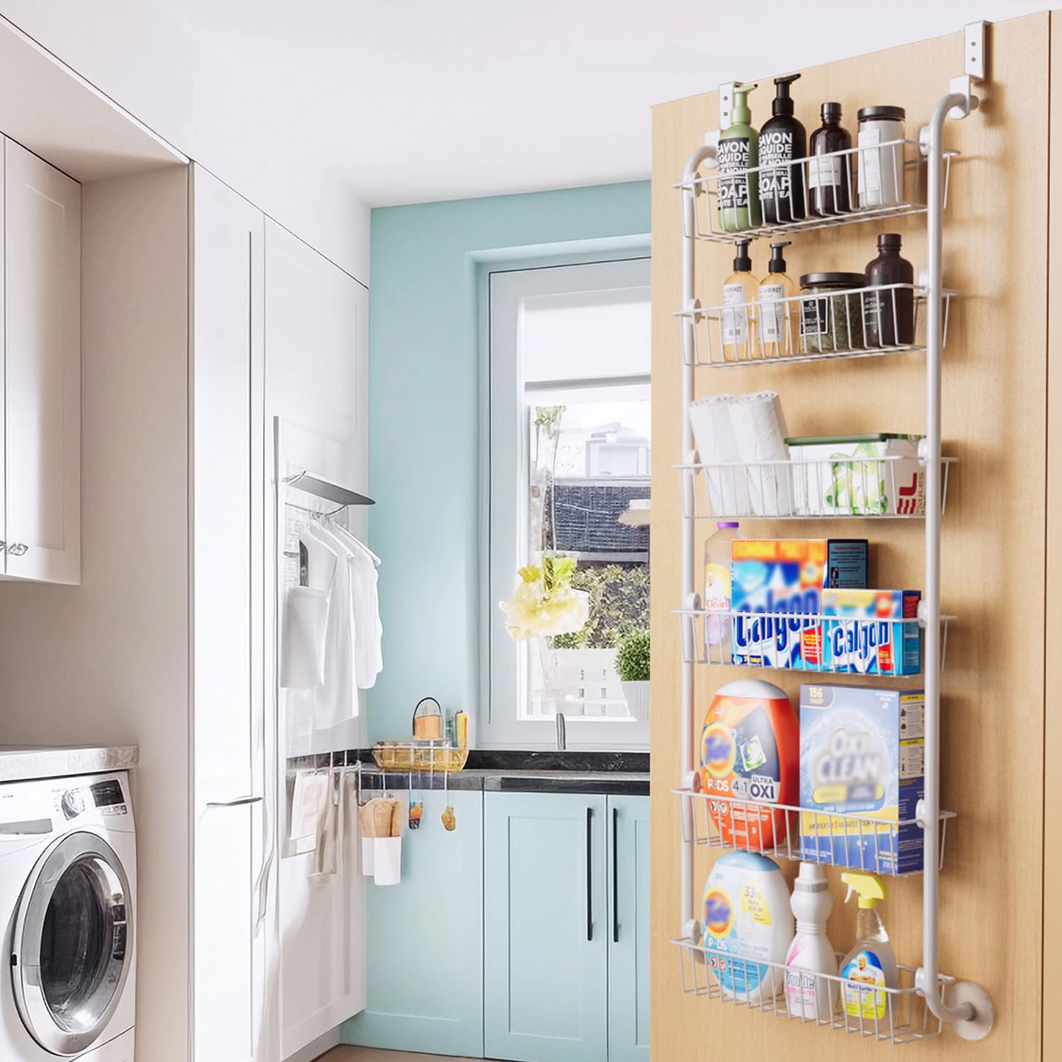 Delamu 6-Tier Over the Door Pantry Organizer - White Metal Cabinet Door Storage & Hanging Spice Rack Shelves (D5 x W18 x H50 inch) - Perfect for Kitchen, Pantry, Bathroom & Closet Organization