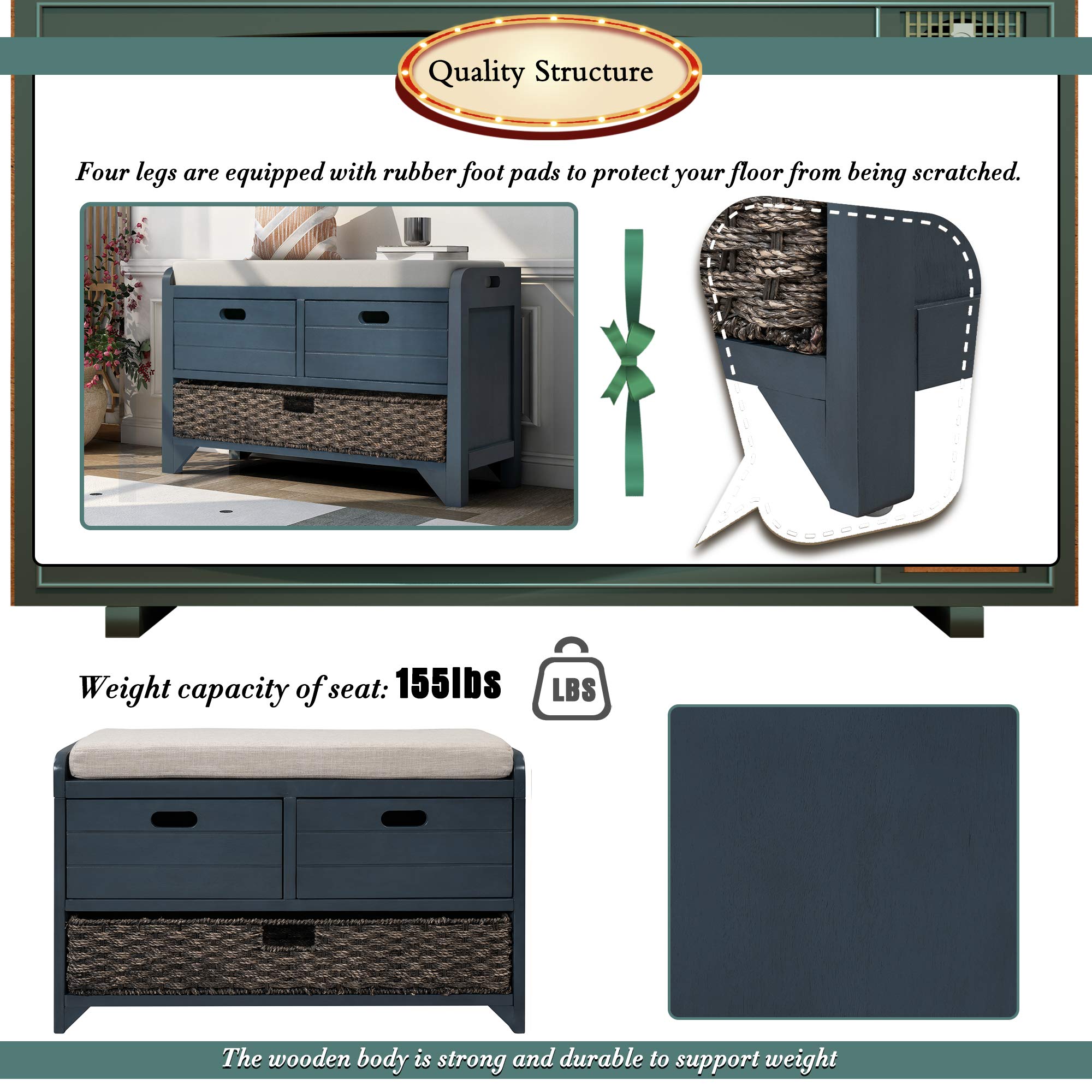 HOUAGI Storage Bench with Removable Basket & 2 Drawers - Entryway Shoe Bench for Hallway, Living Room - Navy Blue Fully Assembled - Perfect for Small Space Organization & Entryway Seating