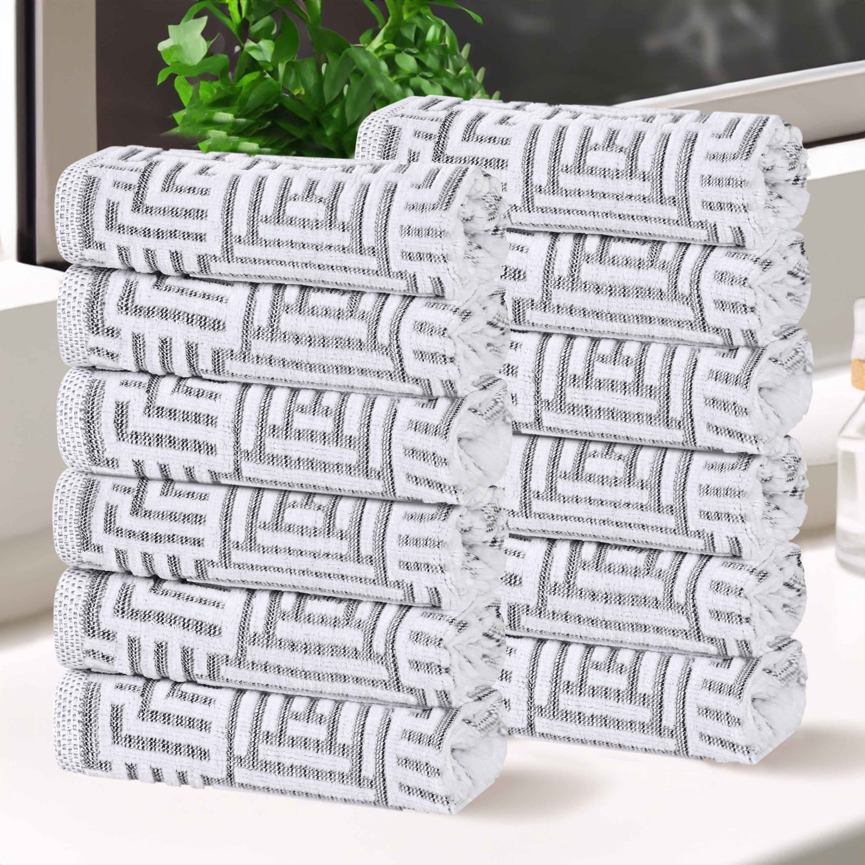 Premium Cotton Modern Geometric Jacquard Plush Face Towel Washcloth Set of 12 - Soft Bath & Spa Essentials for Gentle Skin Care & Luxury Home Decor