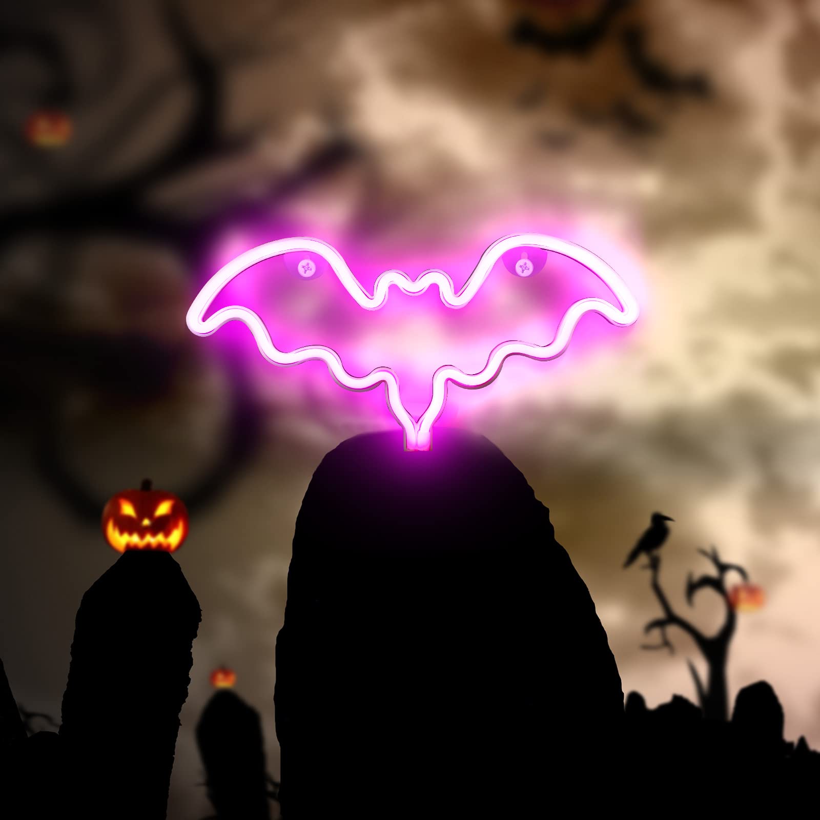 Halloween Neon Sign - LED Bat Wall Decor with Battery/USB Power for Halloween Party, Kids Gift, Living Room, Bedroom, Birthday, Wedding & Bar - Spooky Glow for Home & Event Decorations