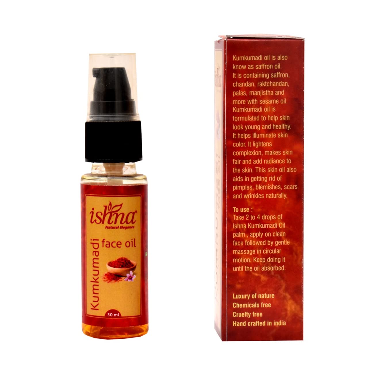 Ishna Kumkumadi Face Oil for Pigmentation & Radiant Skin | Handcrafted Natural Oil | Hydrates & Nourishes | Chemical-Free, Vegan | 30ml | Perfect for Daily Skincare & Anti-Aging Routine