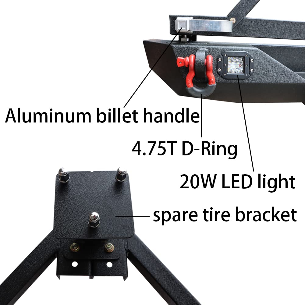 Black Textured Rear Bumper with Spare Tire Rack, 2x 24W LED Lights & 2x 4.75T D-Rings for 2007-2017 Jeep Wrangler JK/JKU - Off-Road Protection & Adventure Ready