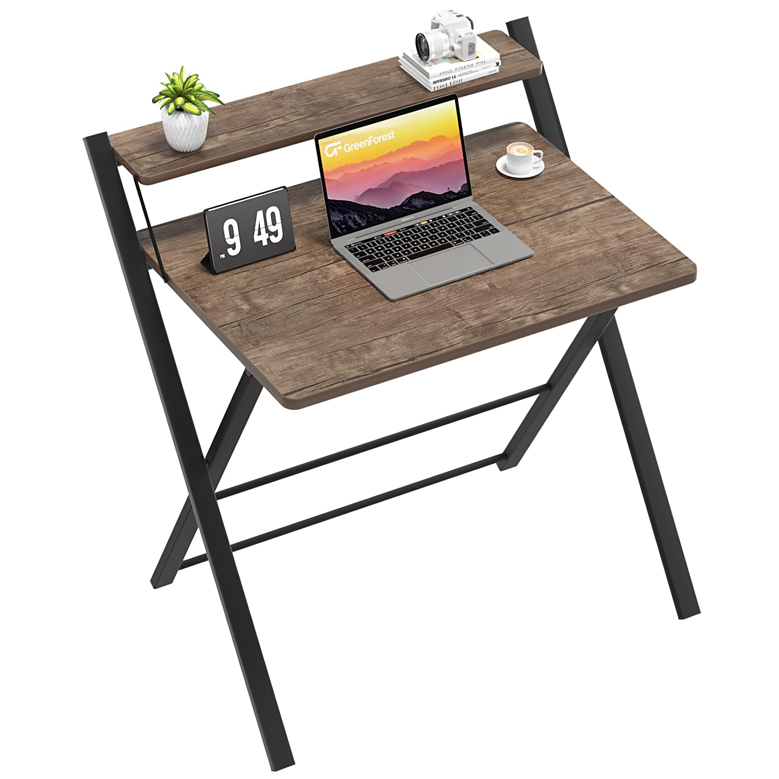 GreenForest Folding Computer Desk - No Assembly Required, 2-Tier Design with Shelf, Space-Saving Small Foldable Desk (32 x 24.5 inches, Brown) - Perfect for Home Office, Dorm Room & Small Spaces
