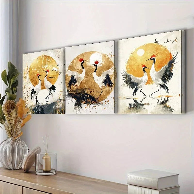 3-Piece Golden Cranes Modern Contemporary Style Wall Art Set - Framed Canvas 50x70cm - High Quality Print - 100% Australian Made - Ready to Hang - Perfect for Living Room, Bedroom & Office Decor