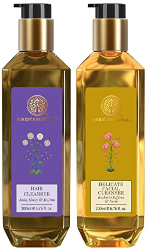 Forest Essentials Kashmiri Saffron & Neem Delicate Facial Cleanser 200ml - Gentle Ayurvedic Face Wash for Glowing Skin | Forest Essentials Amla Honey & Mulethi Hair Cleanser 200ml - Nourishing Shampoo for Healthy Hair Growth | Perfect for Daily Skincare & Haircare Routine